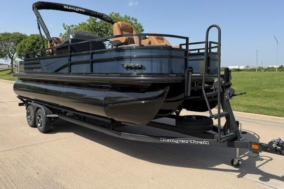 2026 Ranger 223F pontoon boat on trailer, parked on a sunny day.