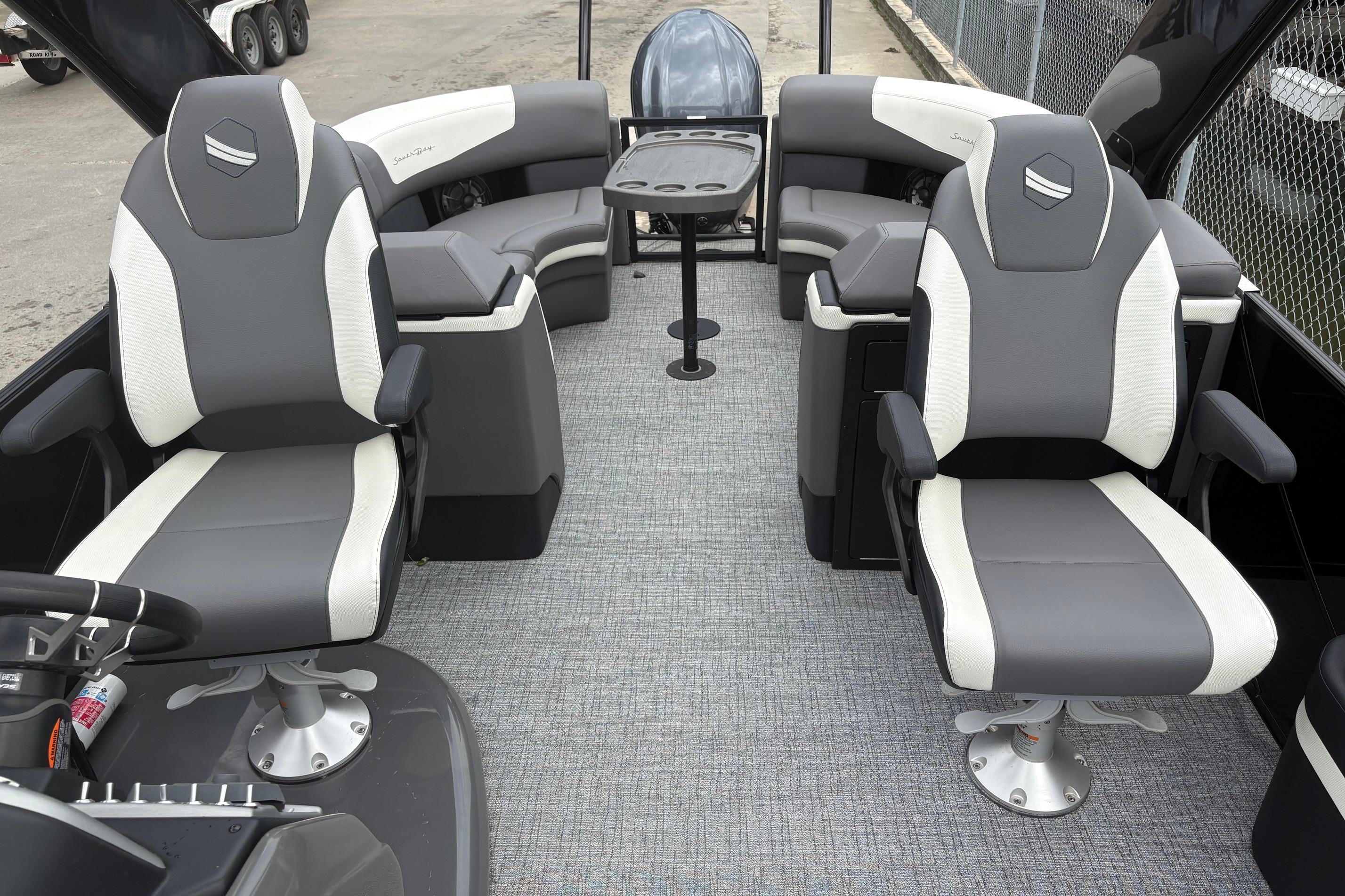 2023 South Bay 525 RS 3.0 Arch boat interior with gray and white seating.