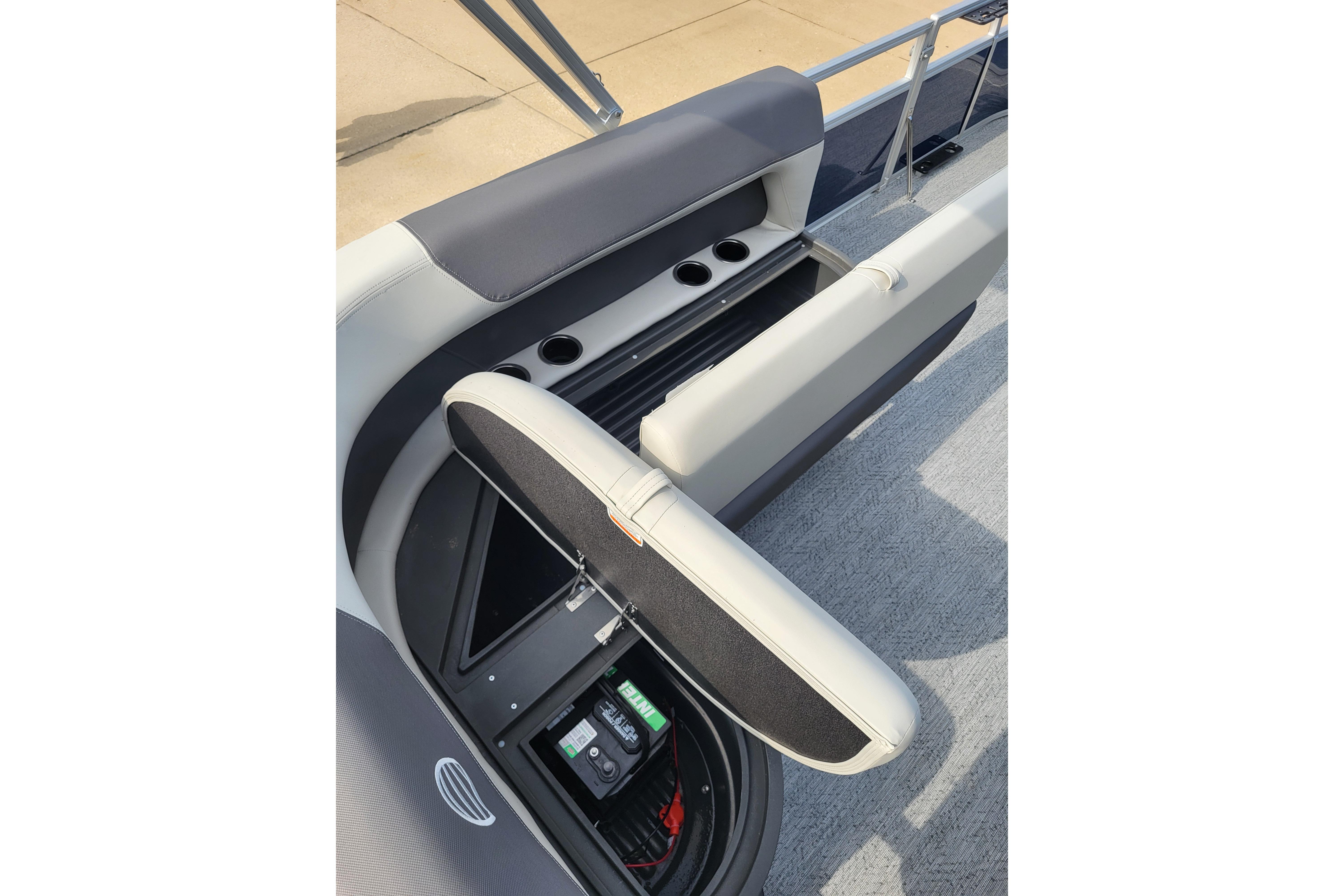 2026 Sun Tracker Bass Buggy 16 XL Select boat interior with storage compartment open.