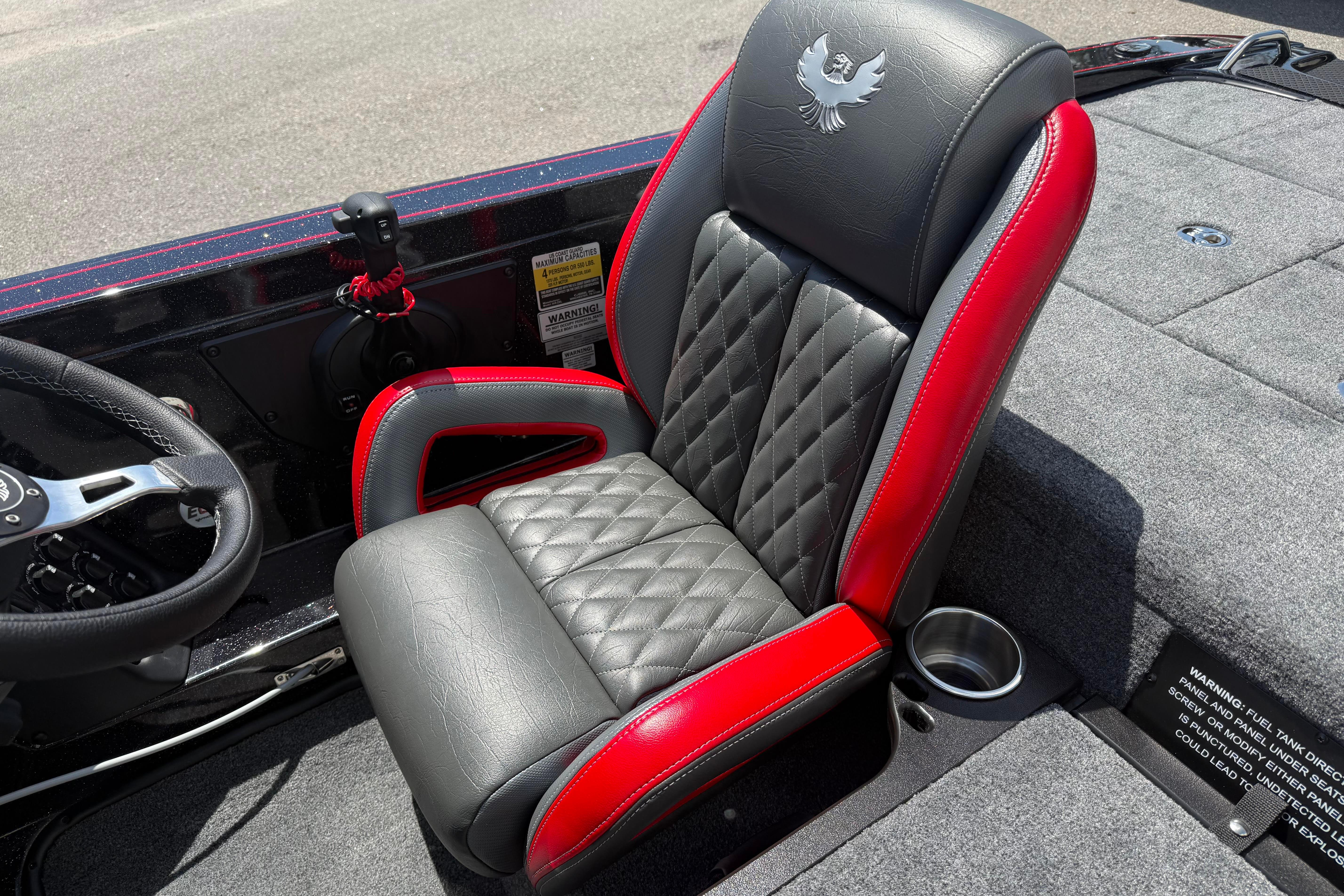 Luxurious Phoenix 919 ZXL boat seat with red accents and diamond stitching, 2027 model.