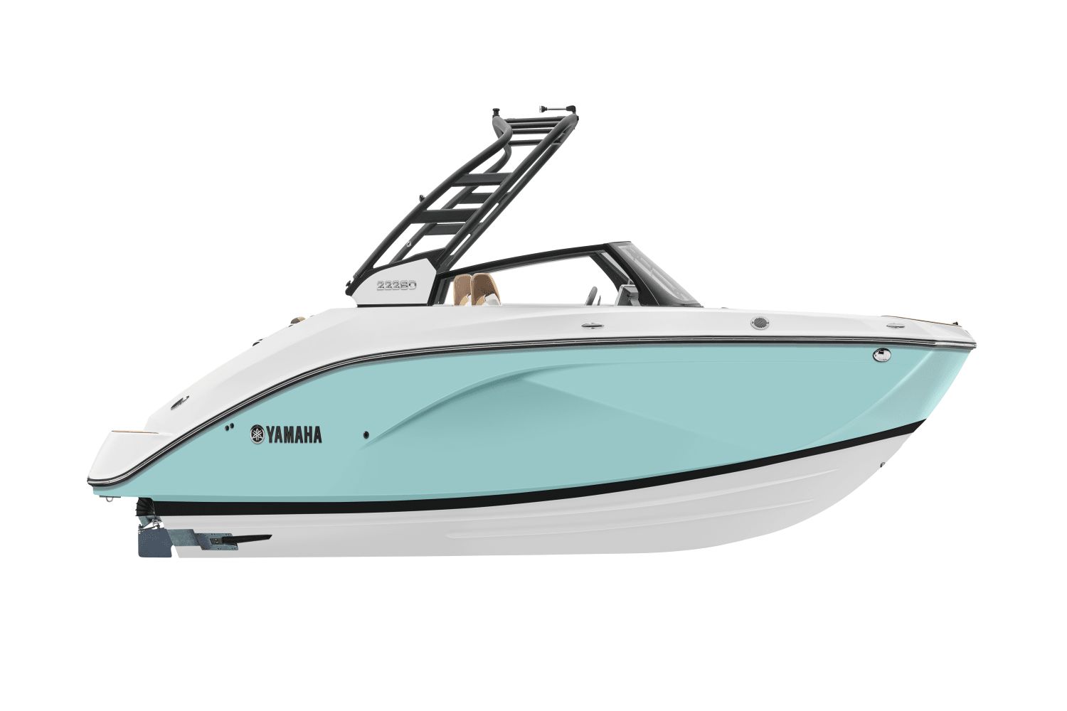 A modern Yamaha boat with a turquoise hull and black wakeboard tower.