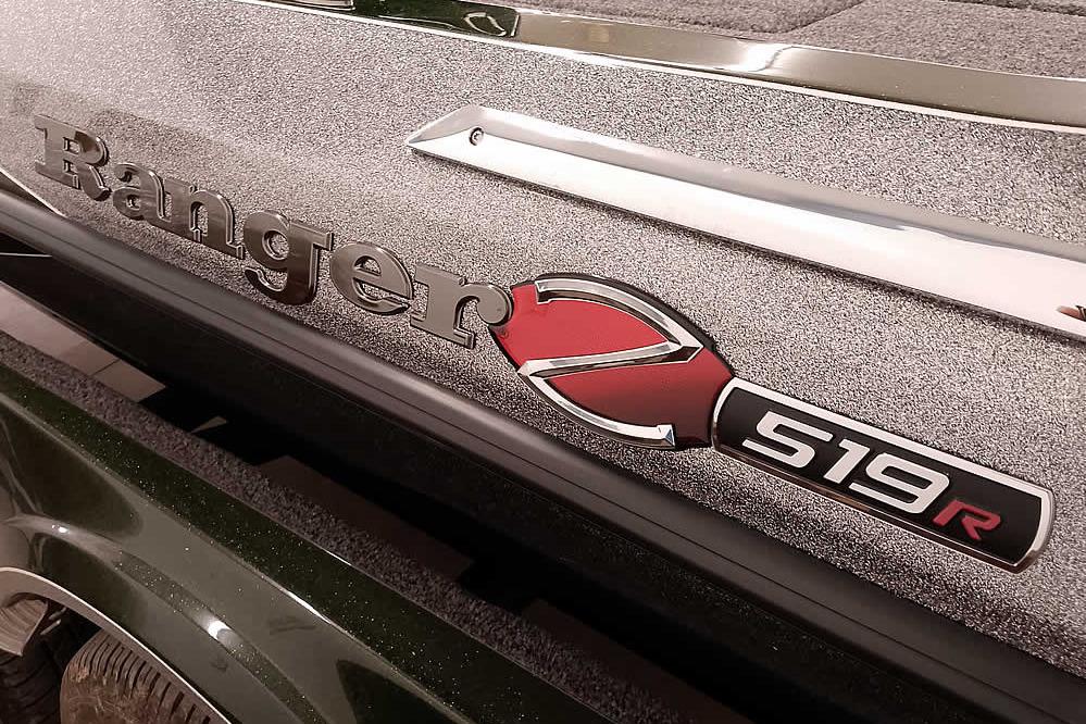 2026 Ranger Z519R Cup-Equipped boat logo on metallic surface.