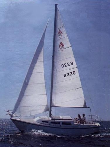 A 1980 Catalina 27 sailboat on the sea with two people on board.