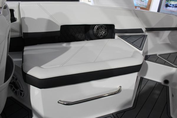 2025 Cobalt R6 boat interior with sleek white seating and modern design elements.