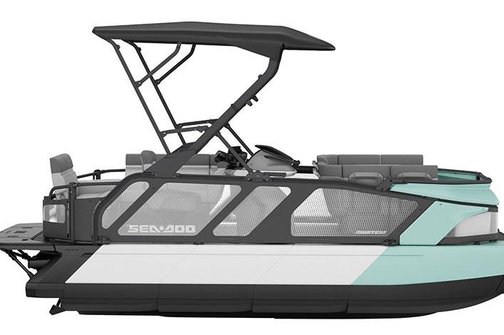2026 Sea-Doo Switch Cruise 18 pontoon boat with canopy and modern design.