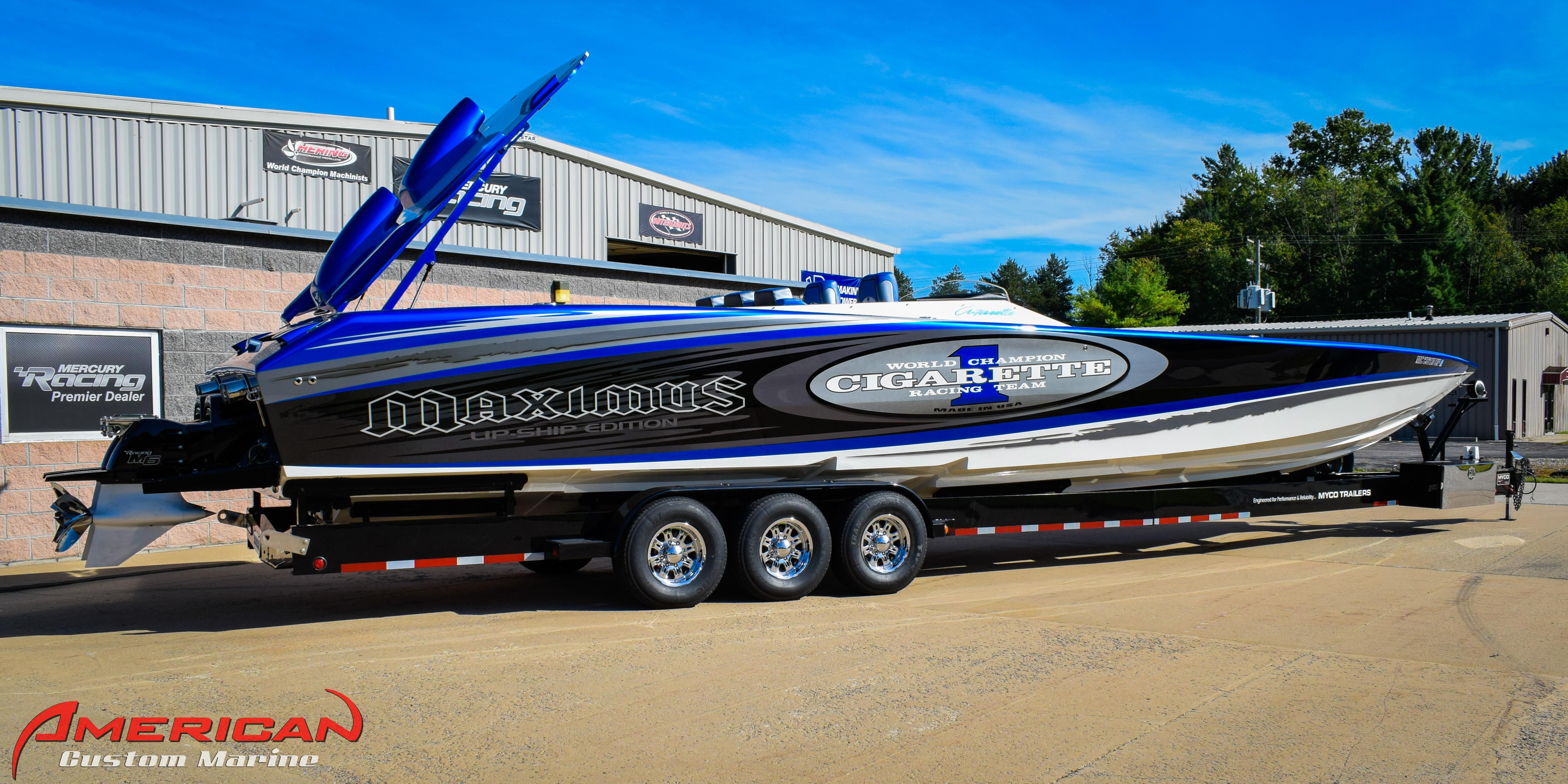 2005 Cigarette 45 Maximus powerboat on trailer, parked outside American Custom Marine.