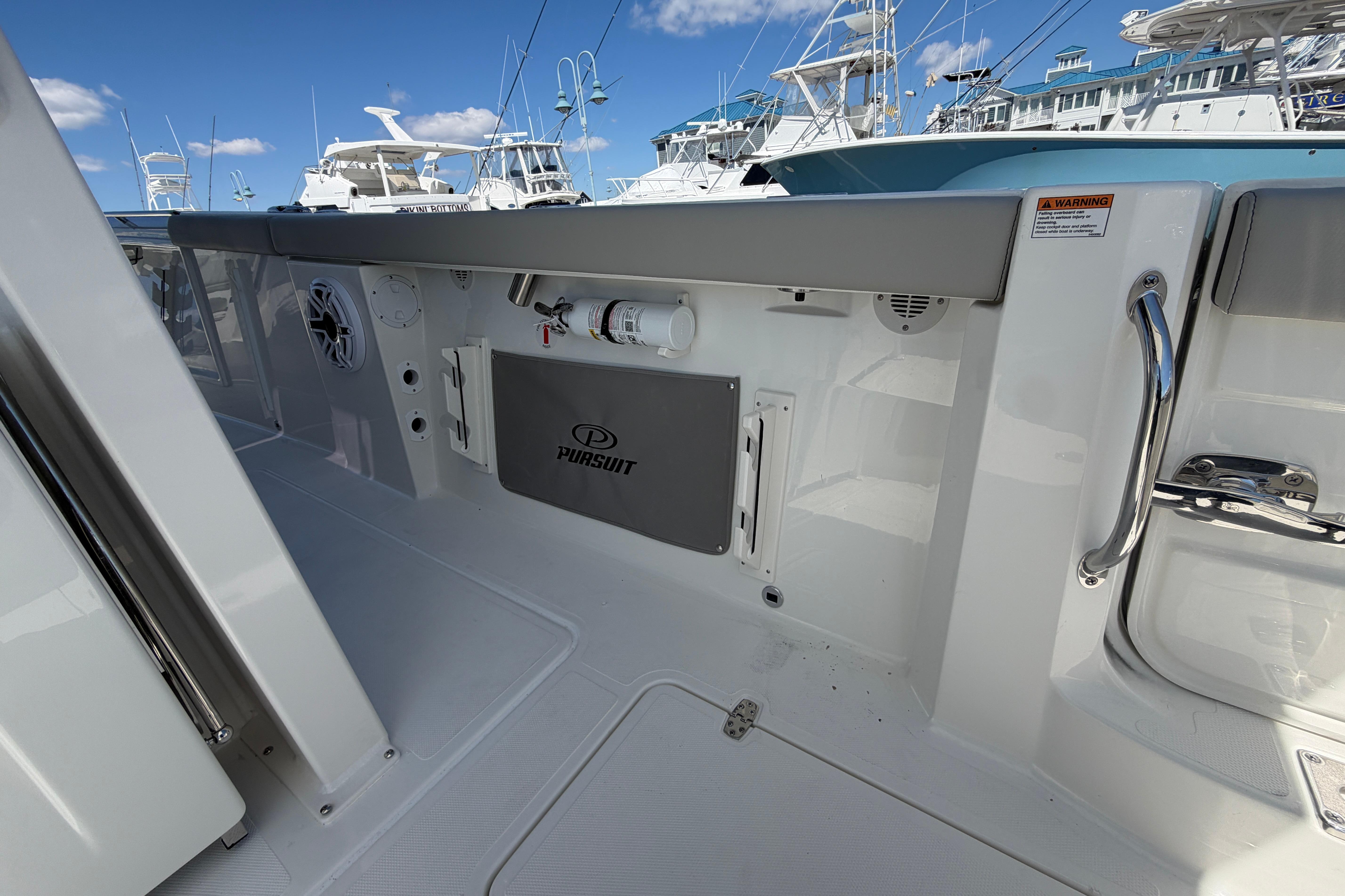 2026 Pursuit S 358 Sport boat interior with sleek design and modern amenities.