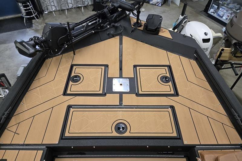 Deck of Avid 207 Recon 2026 boat with mounted equipment and storage compartments.