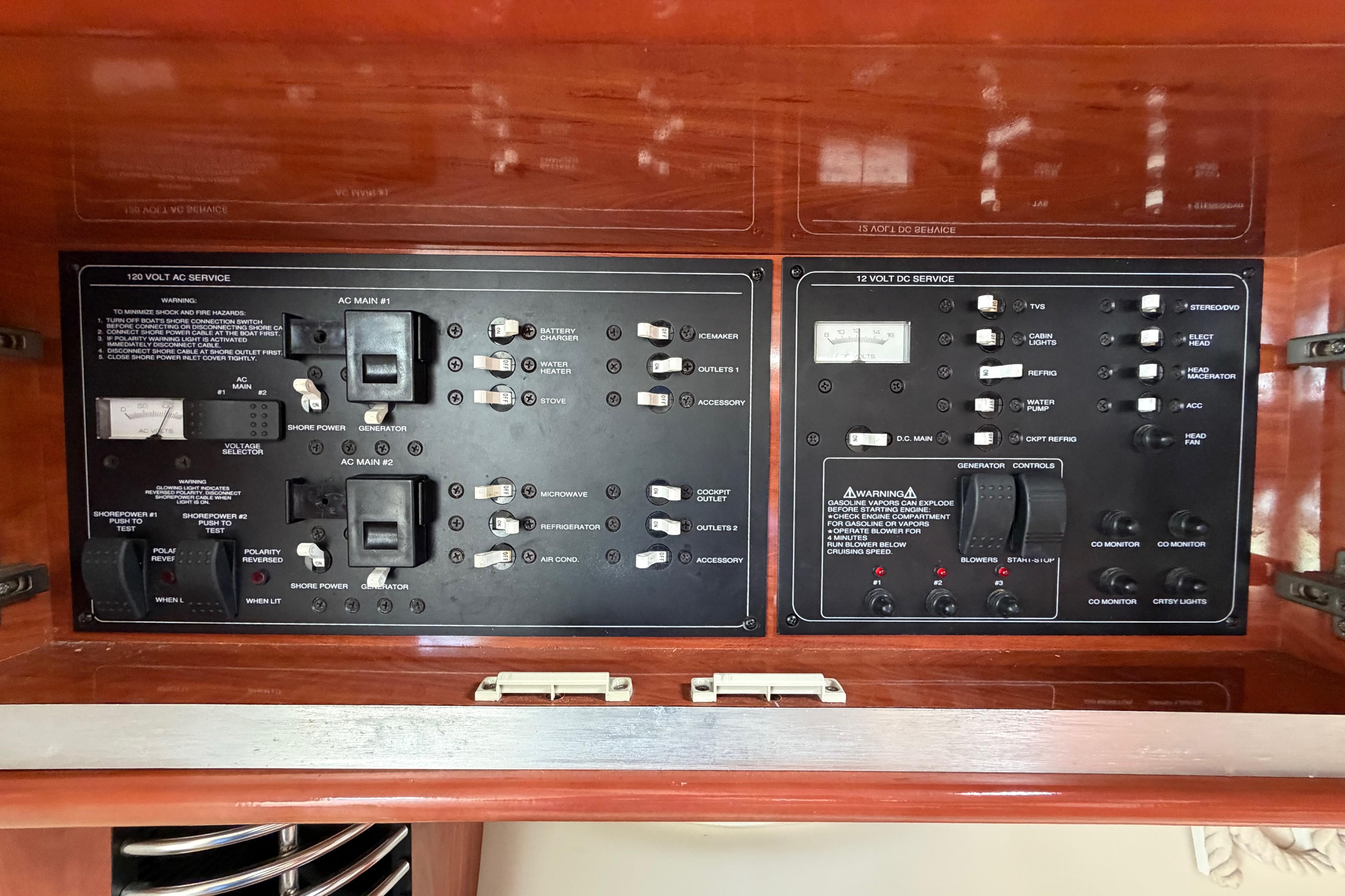 Electrical control panel of a 2007 Monterey 350 Sport Yacht, featuring AC and DC service switches.