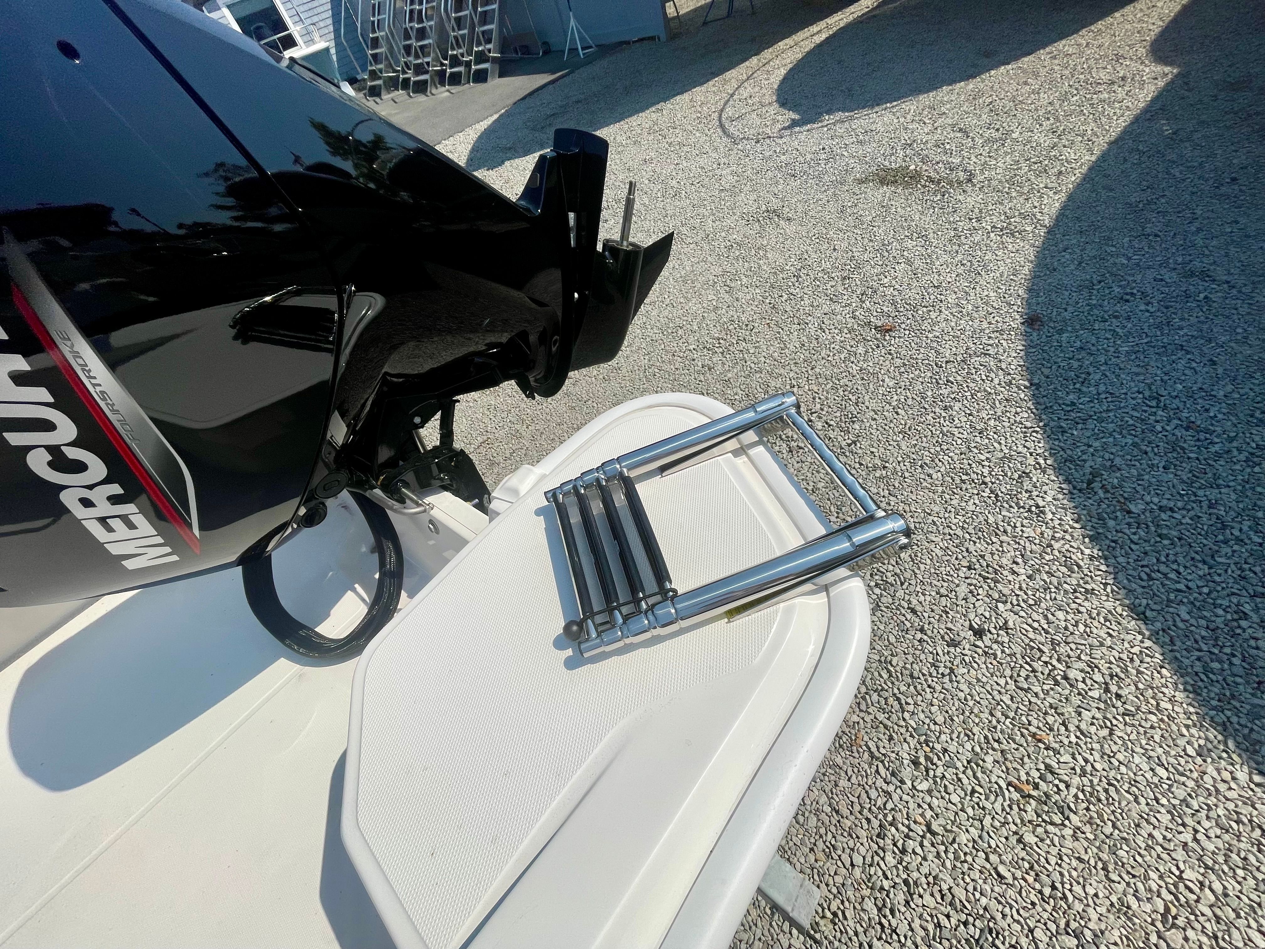 A swim ladder rests on the platform of a Boston Whaler 160 Super Sport boat.