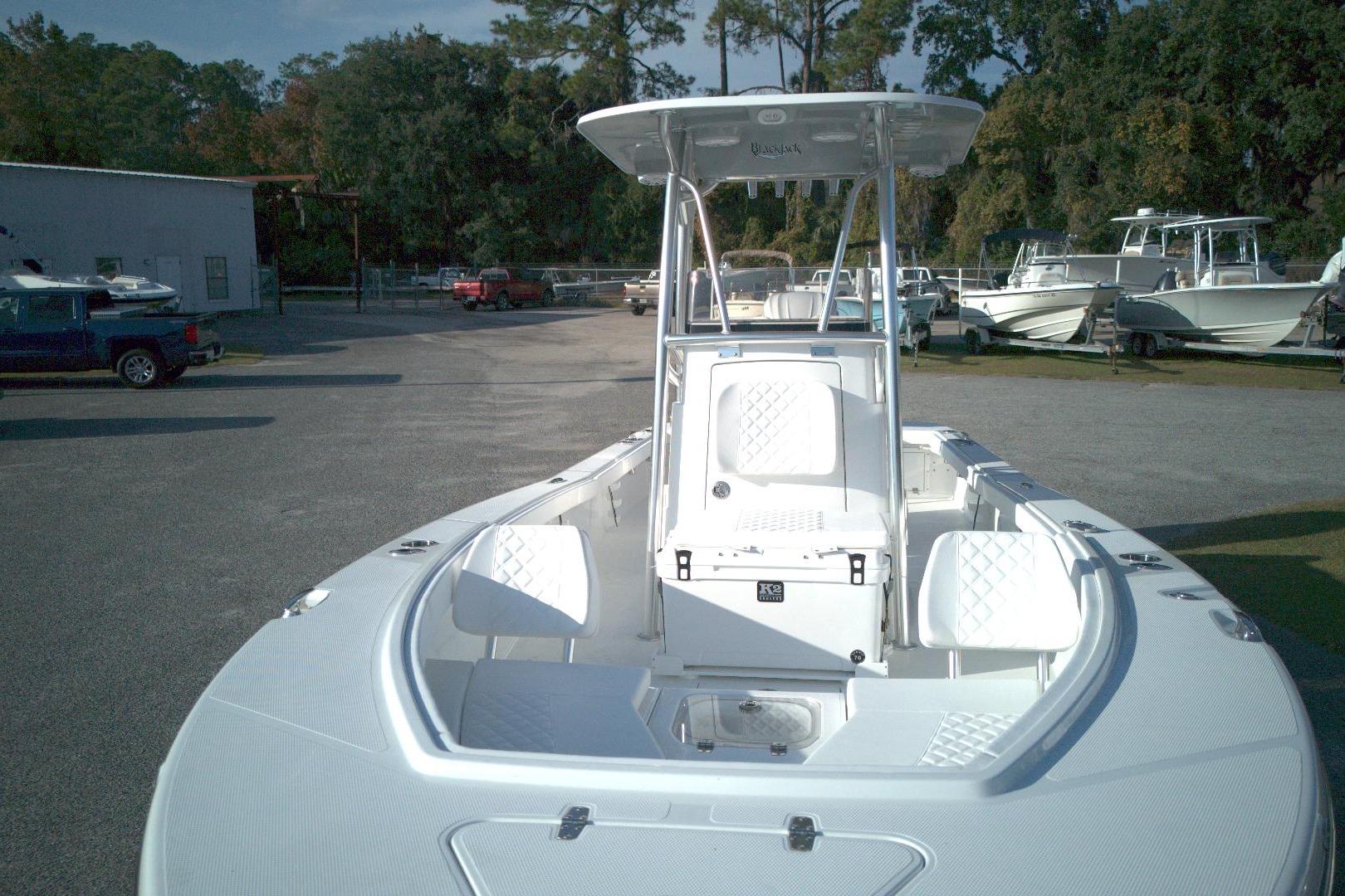 2026 BlackJack 256 Coastal boat with sleek design in a marina setting.