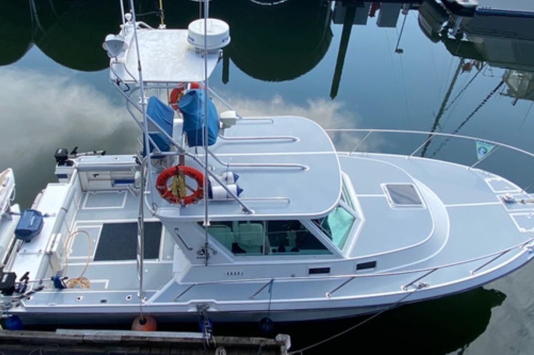 1997 Albin 31 TE boat docked, aerial view, with fishing equipment and lifebuoys.