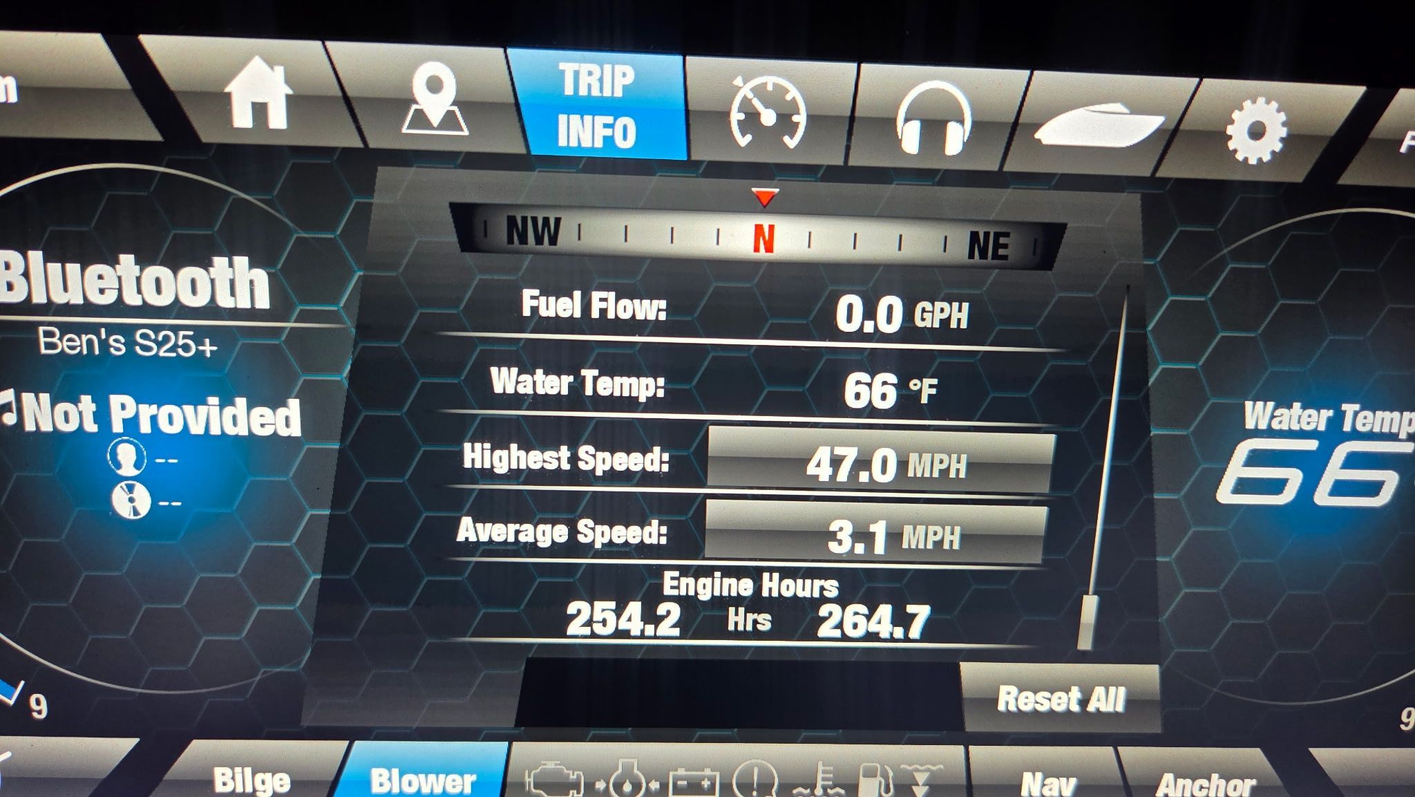 The display shows boat information like fuel flow, water temperature, and speed.