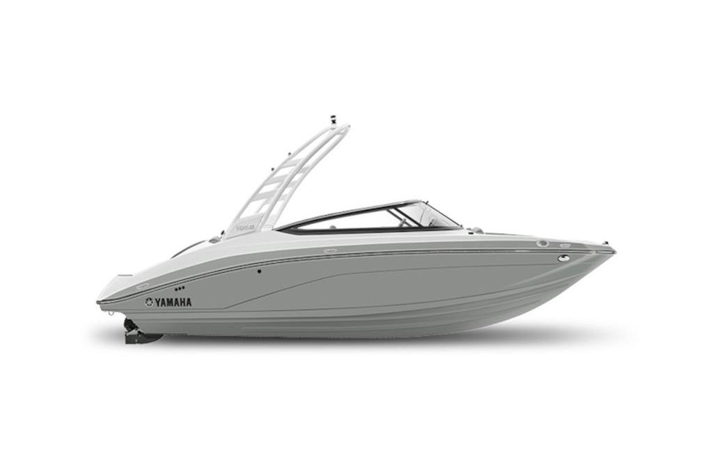 2026 Yamaha Boats 195S, sleek gray design, side view, modern watercraft.