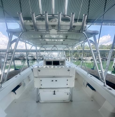 2008 SeaVee 390B boat interior with helm station and overhead canopy.