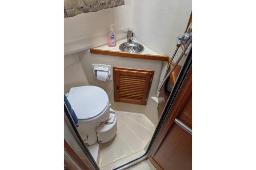 Head with toilet, sink, and storage cabinet.