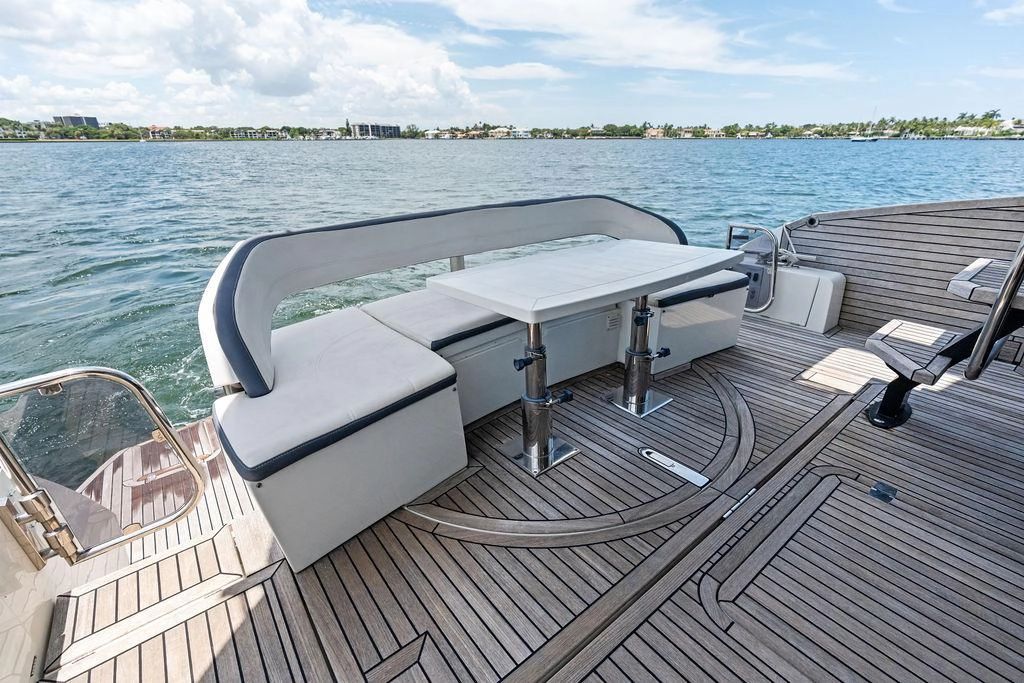 2019 Galeon 500 Fly yacht with stylish deck and seating area.