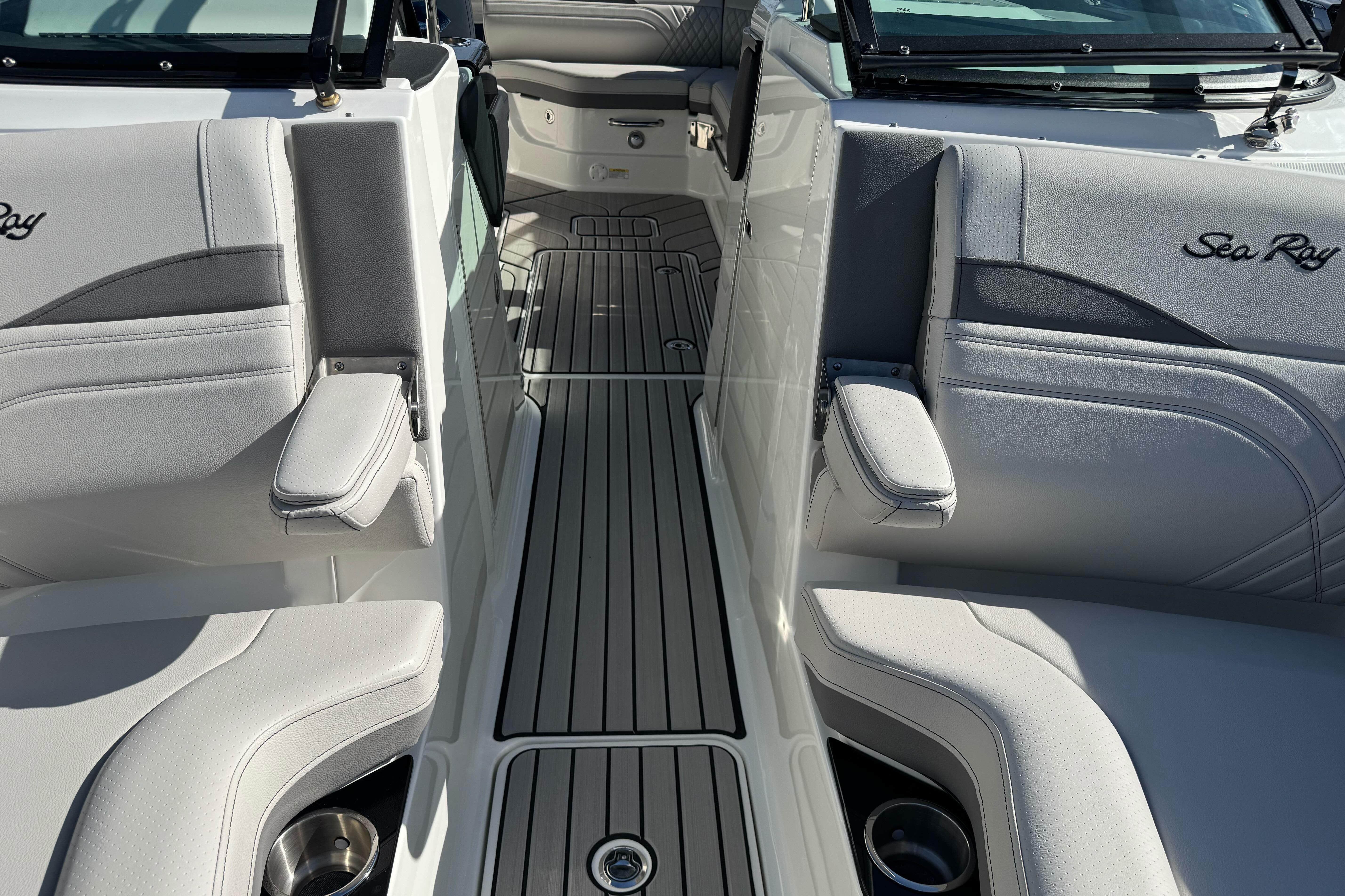 2026 Sea Ray SLX 260 boat interior with luxurious seating and sleek design.