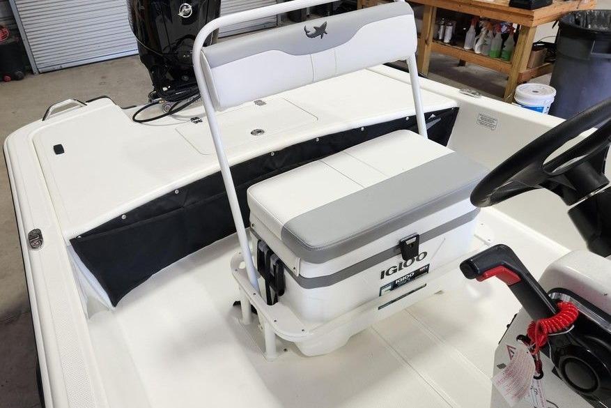 2026 Mako Pro Skiff 17 CC boat interior with Igloo cooler seat.