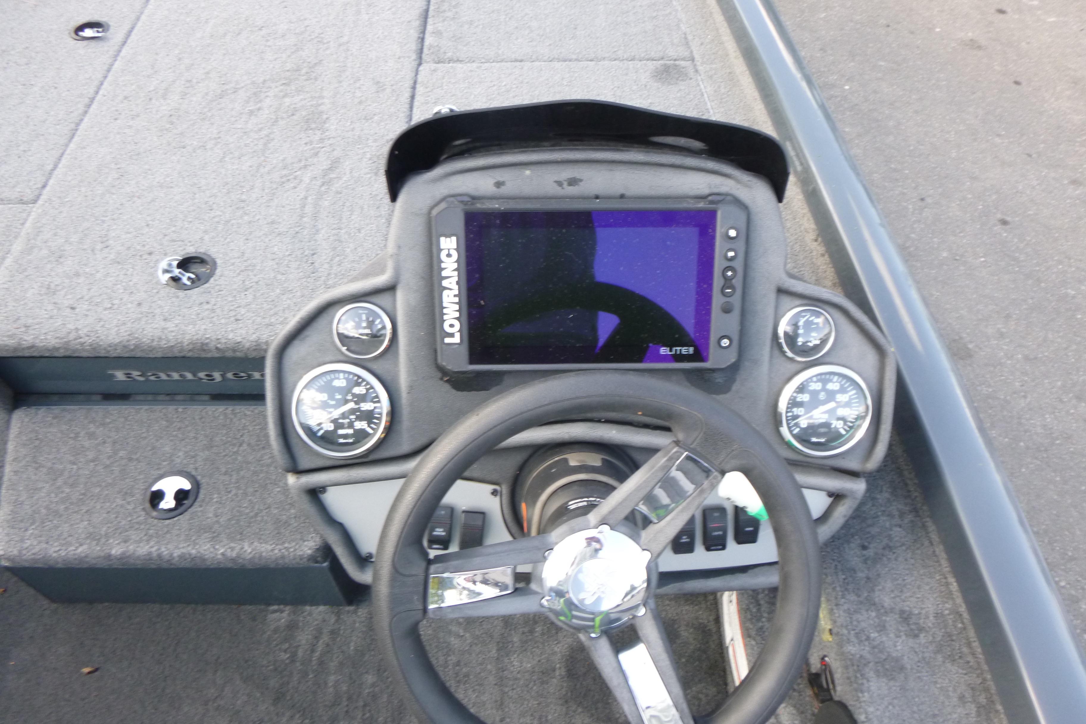 2023 Ranger RT198P boat dashboard with Lowrance Elite display and gauges.