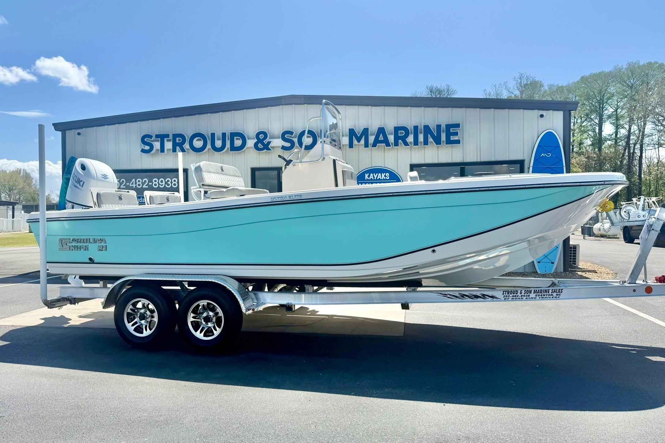 2026 Carolina Skiff 21 Ultra Elite boat on trailer at Stroud & Son Marine.