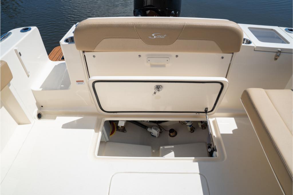 2023 Scout 240 Dorado boat interior with open storage compartment.