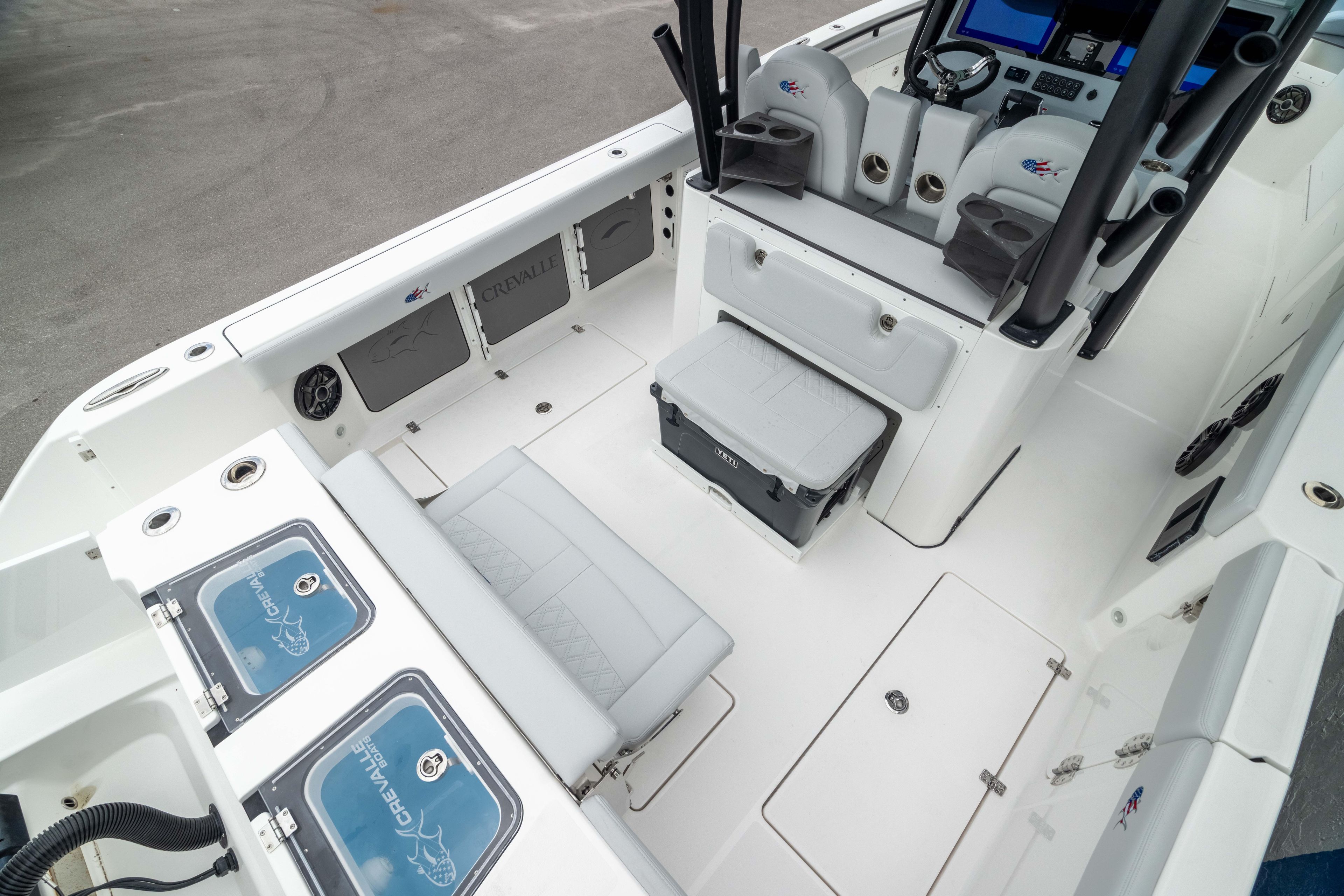 2026 Crevalle 33 CSF boat interior with seating, storage, and control panel.
