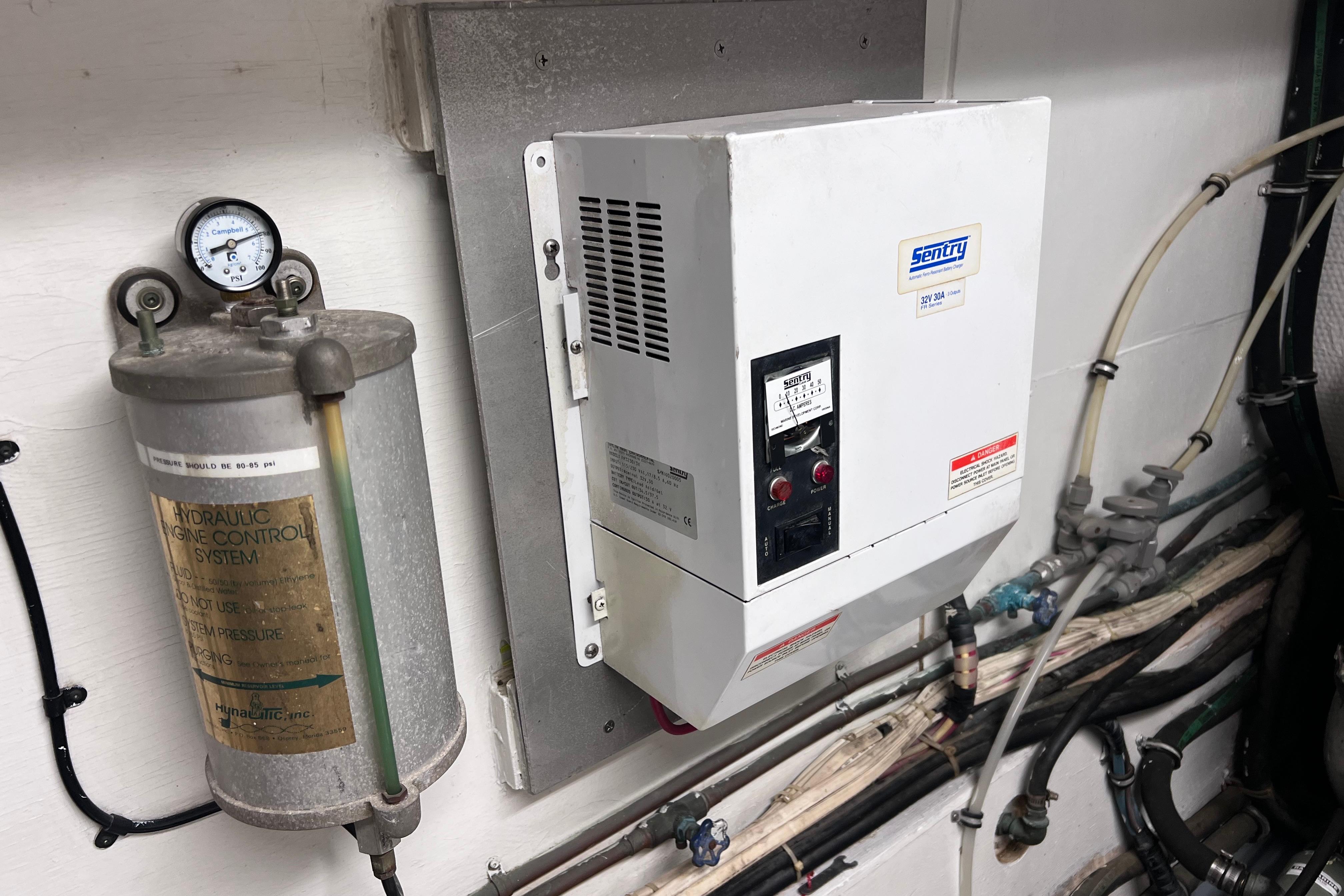 Hydraulic engine control system and Sentry unit in 1987 Hatteras 70 Cockpit Motor Yacht.