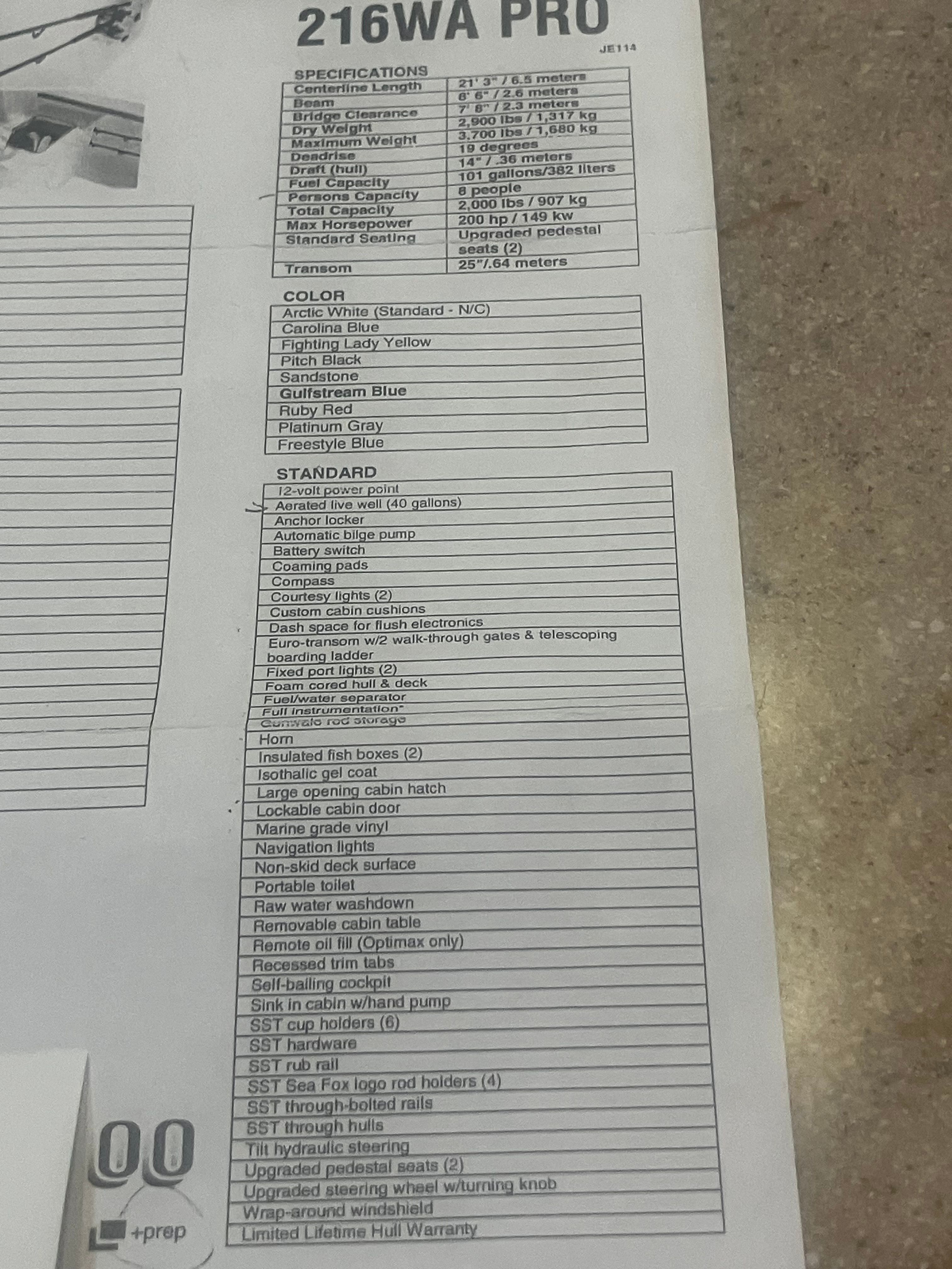 Specifications and standard features of the Custom 216WA Pro boat model from 2010.