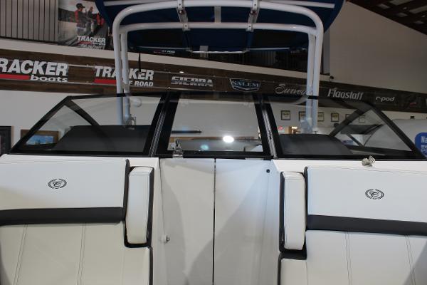 2025 Cobalt R6 boat interior with white seating and black accents.