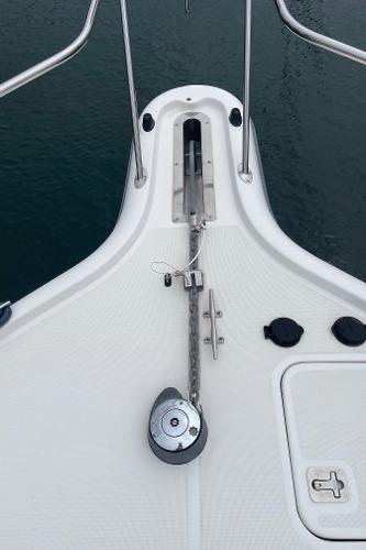 2003 Tiara Yachts 3500 Open bow with anchor chain and deck fittings.