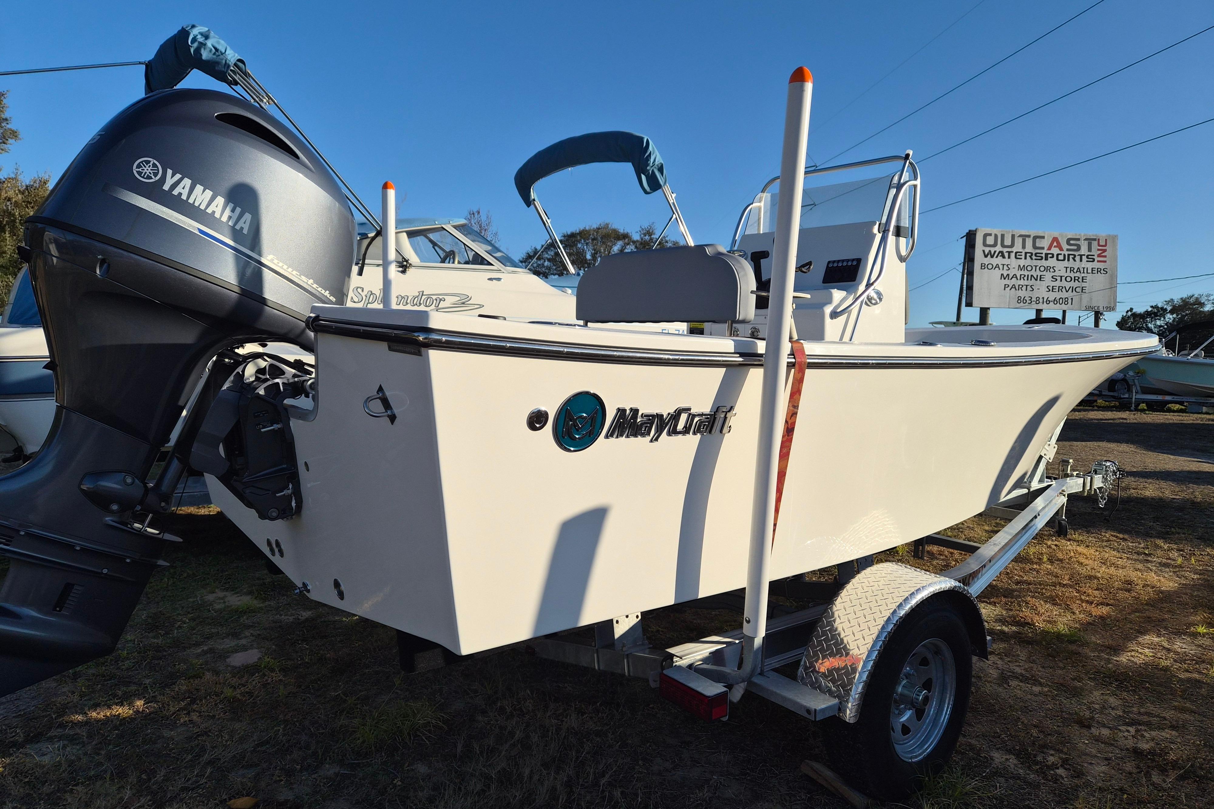 2026 May-Craft 192 boat with Yamaha engine on trailer at Outcast Watersports.