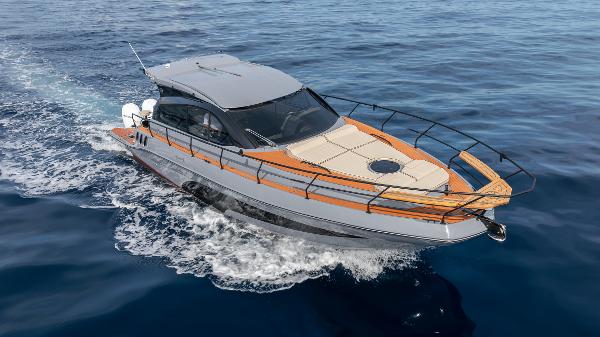 2025 Hanover 415 yacht cruising on open water, showcasing sleek design and luxury features.
