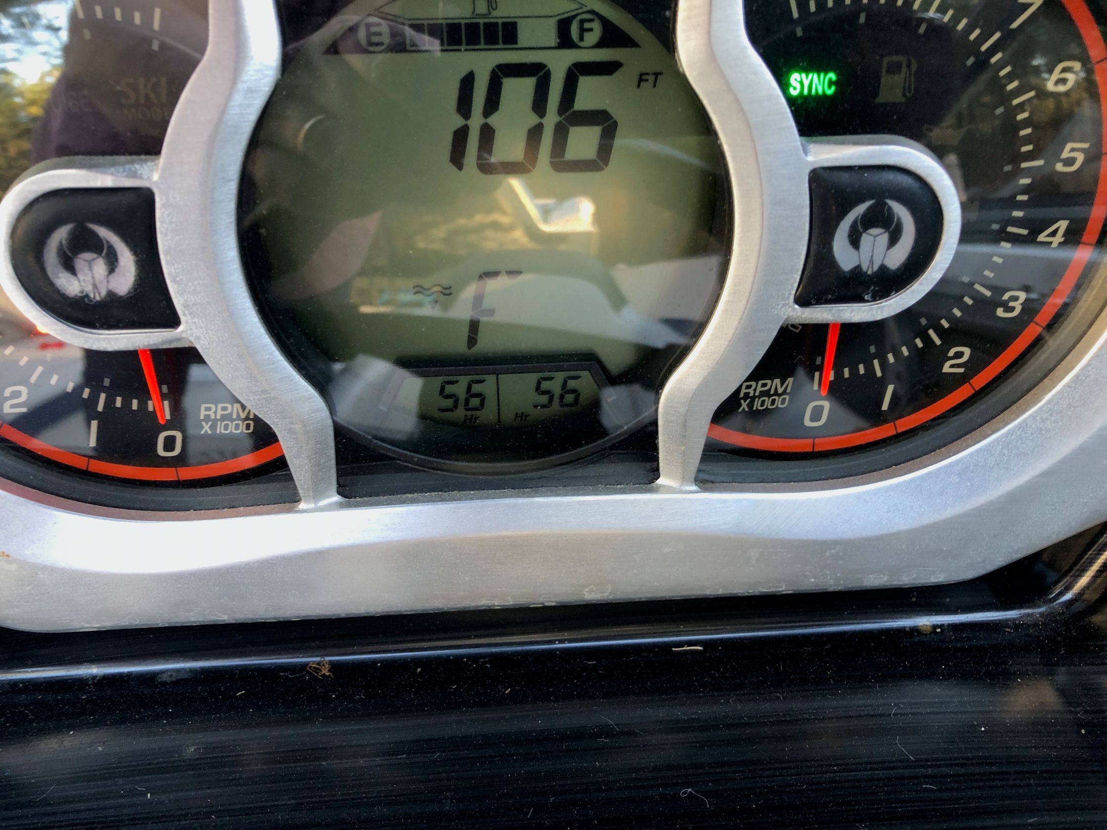 Scarab 215 ID 2021 dashboard showing 106 feet elevation.