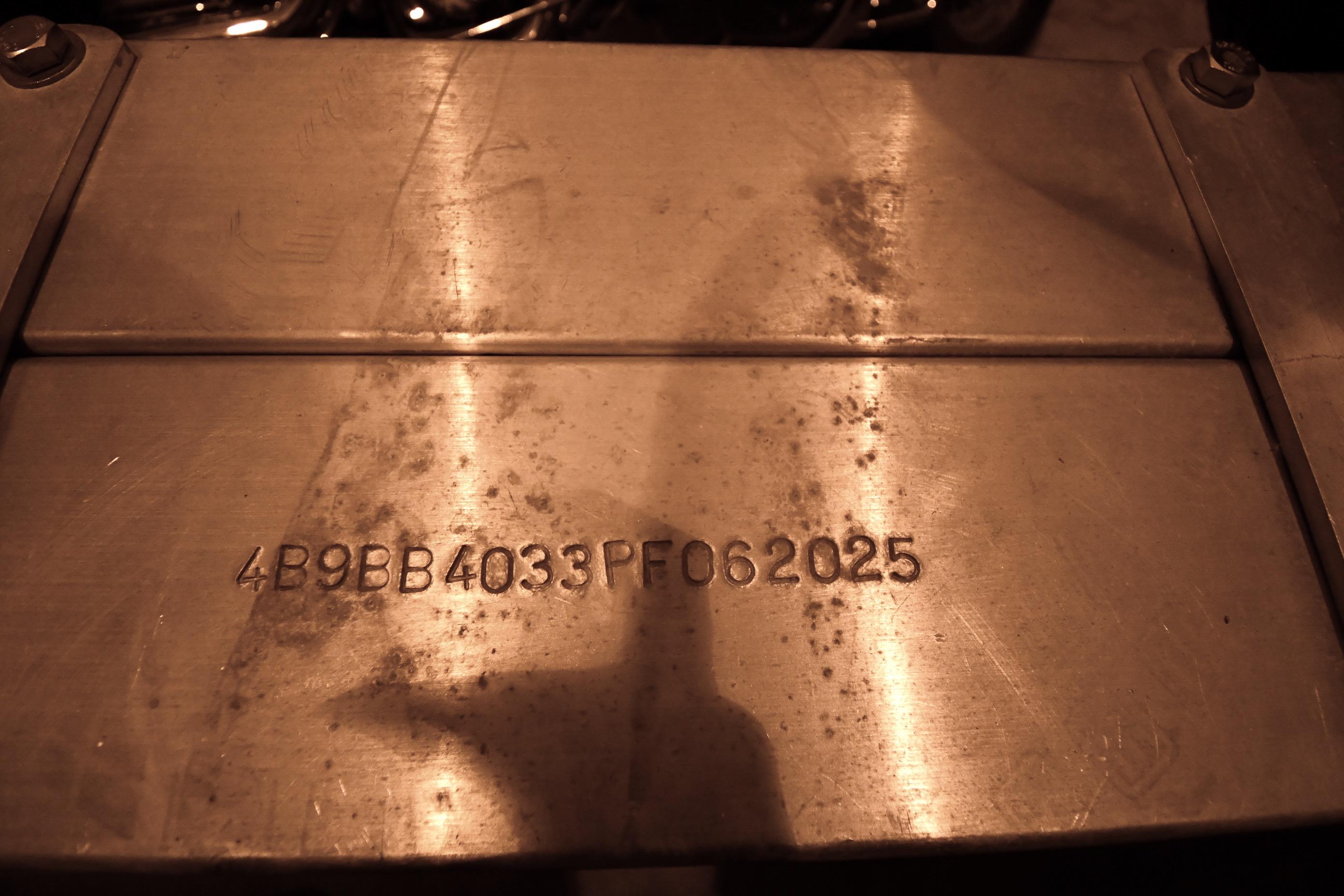 Serial number on a 2001 Fountain 38 Center Console boat component.