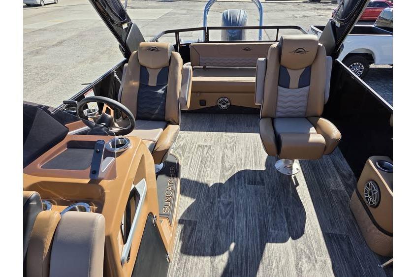 Interior of 2026 SunCatcher Diamond Elite 326 SL pontoon boat with luxurious seating.