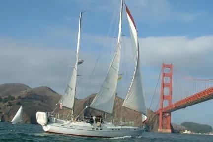 1977 Morgan Out Island 51 sailboat near Golden Gate Bridge, San Francisco.
