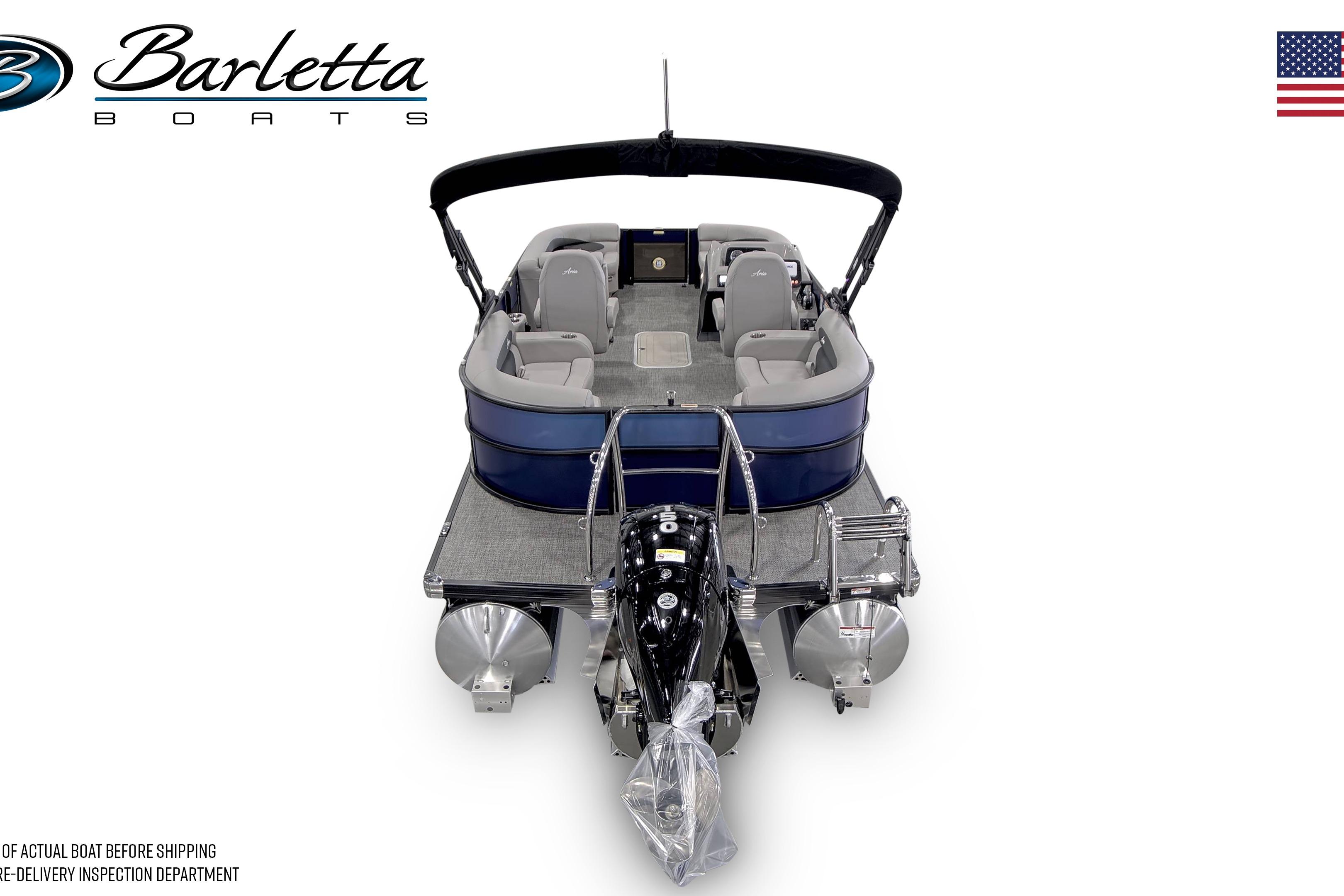 2026 Barletta ARIA 20QC pontoon boat, rear view, showcasing seating and motor.