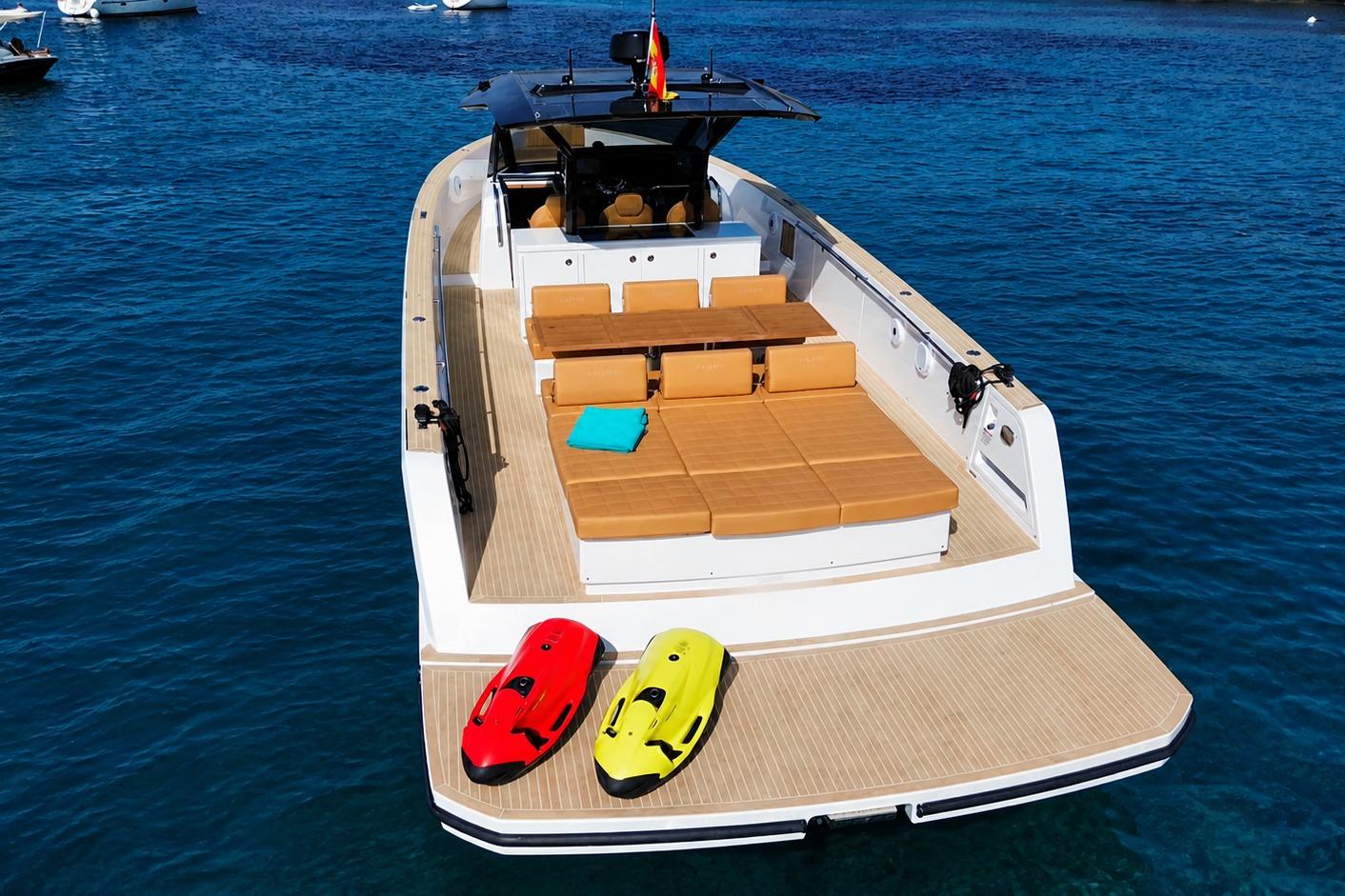2023 Pardo Yachts 43 on water, featuring spacious deck and sun loungers.