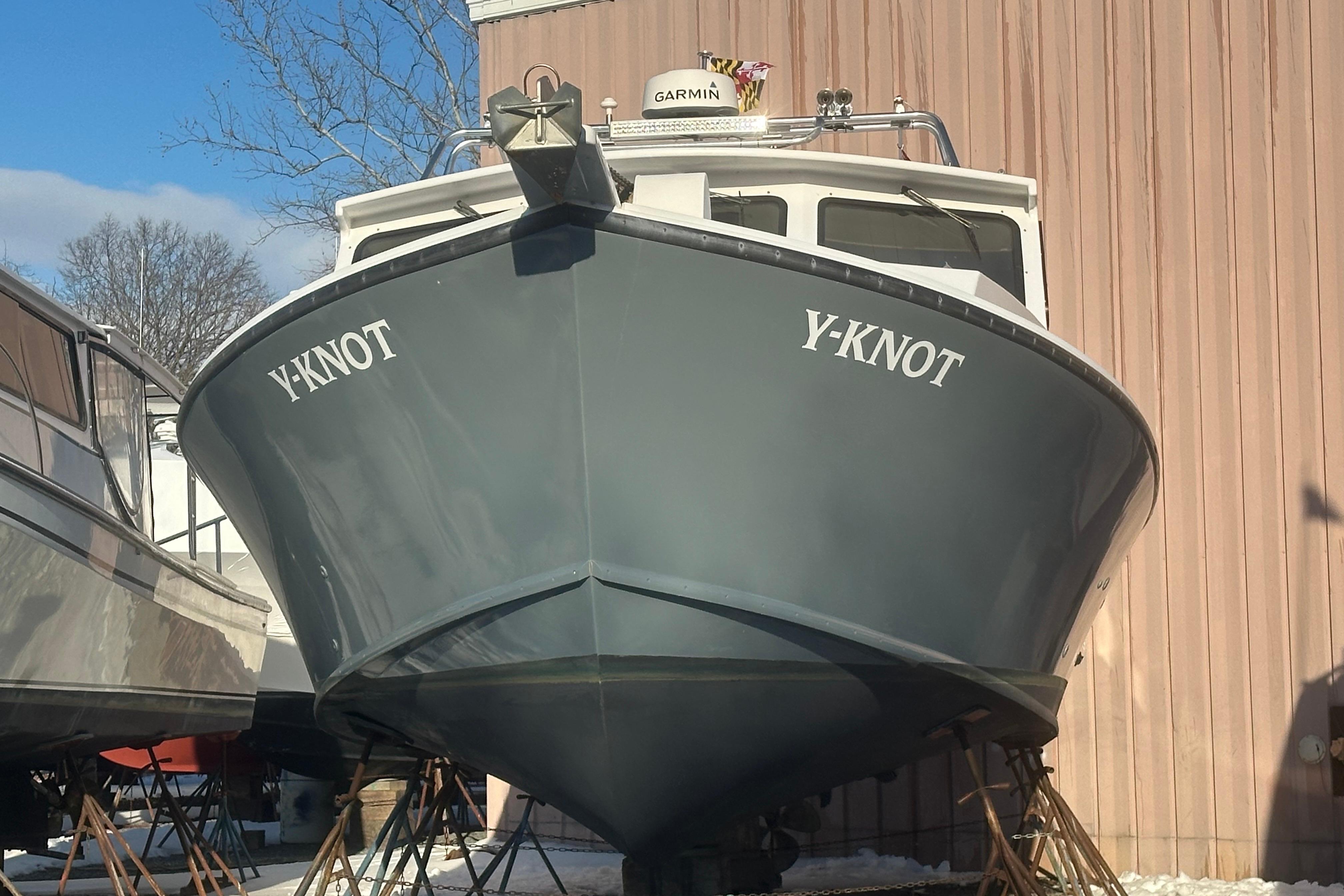 2005 Evans 38 Chesapeake Bay Boat "Y-Knot" in dry dock, front view.