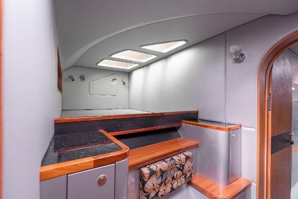 Interior of 2025 Shuttleworth 52 AeroRig yacht with modern design and skylights.