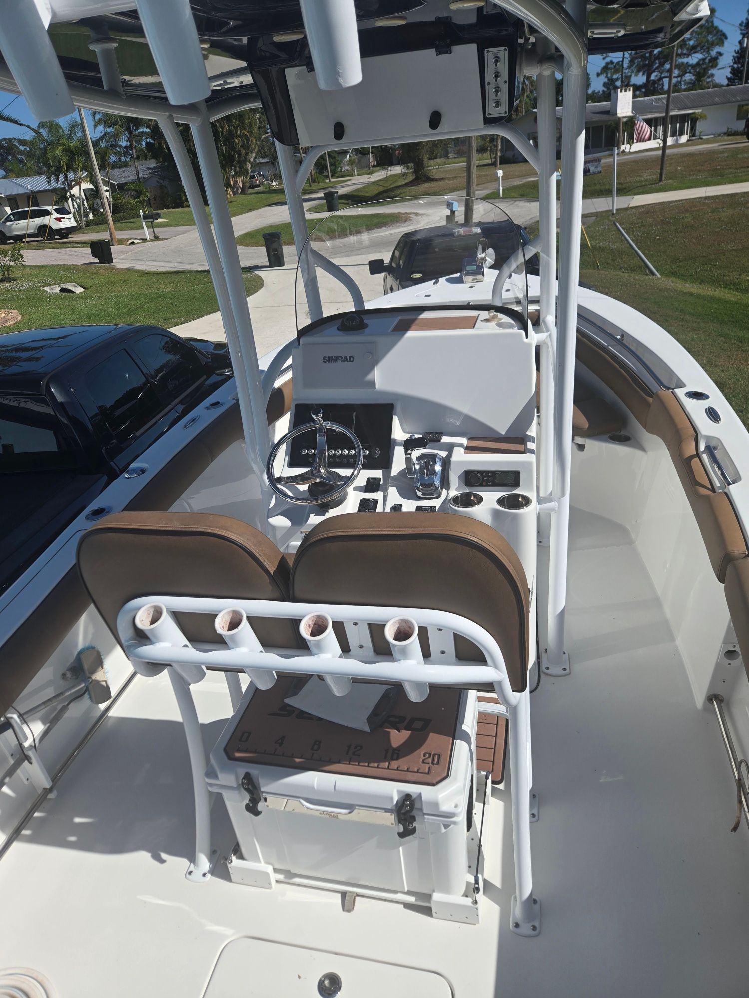 Interior view of a 2018 Sea Pro 21.9 boat with helm console.