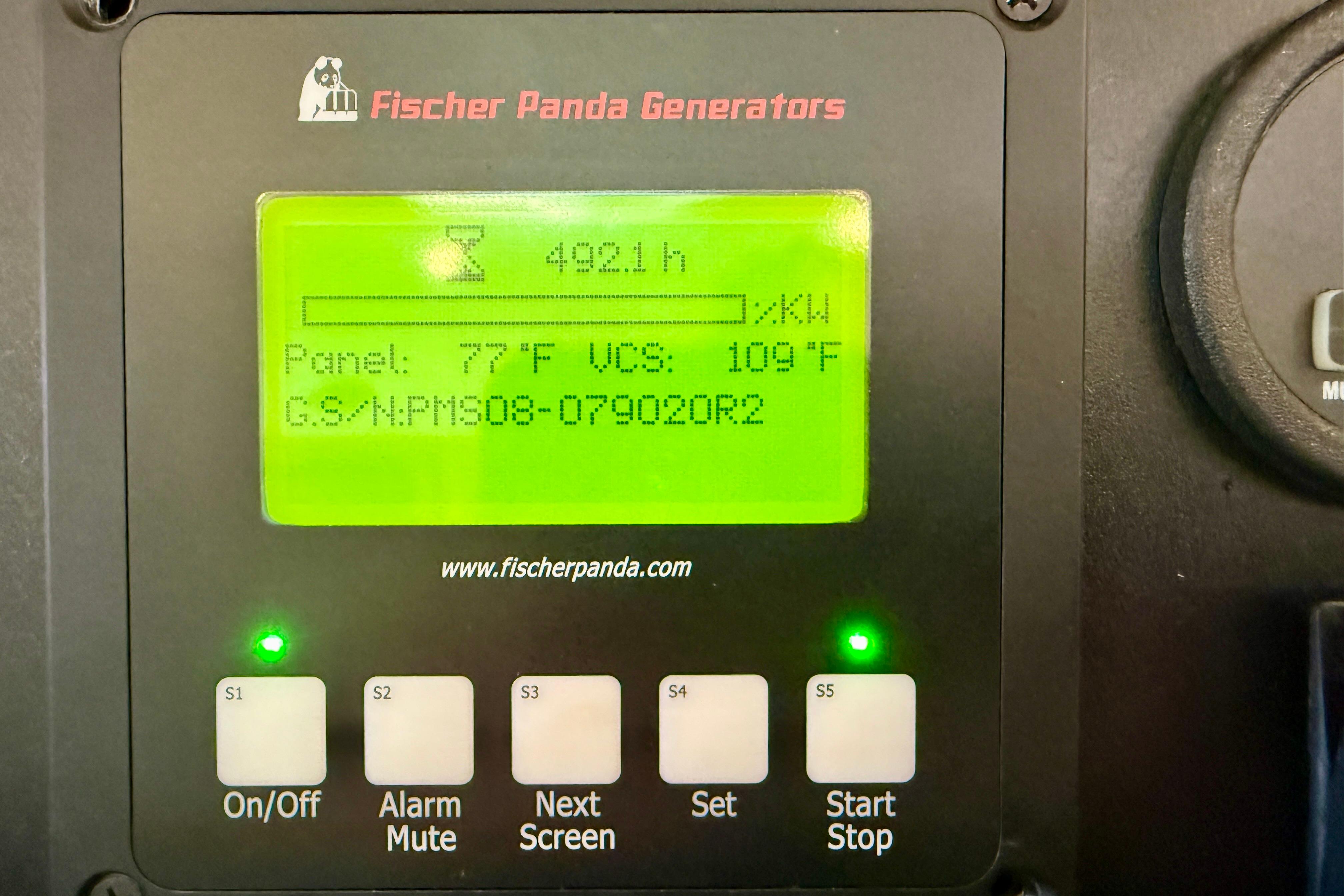 Fischer Panda generator display on a 2012 Pursuit OS 345 Offshore boat.