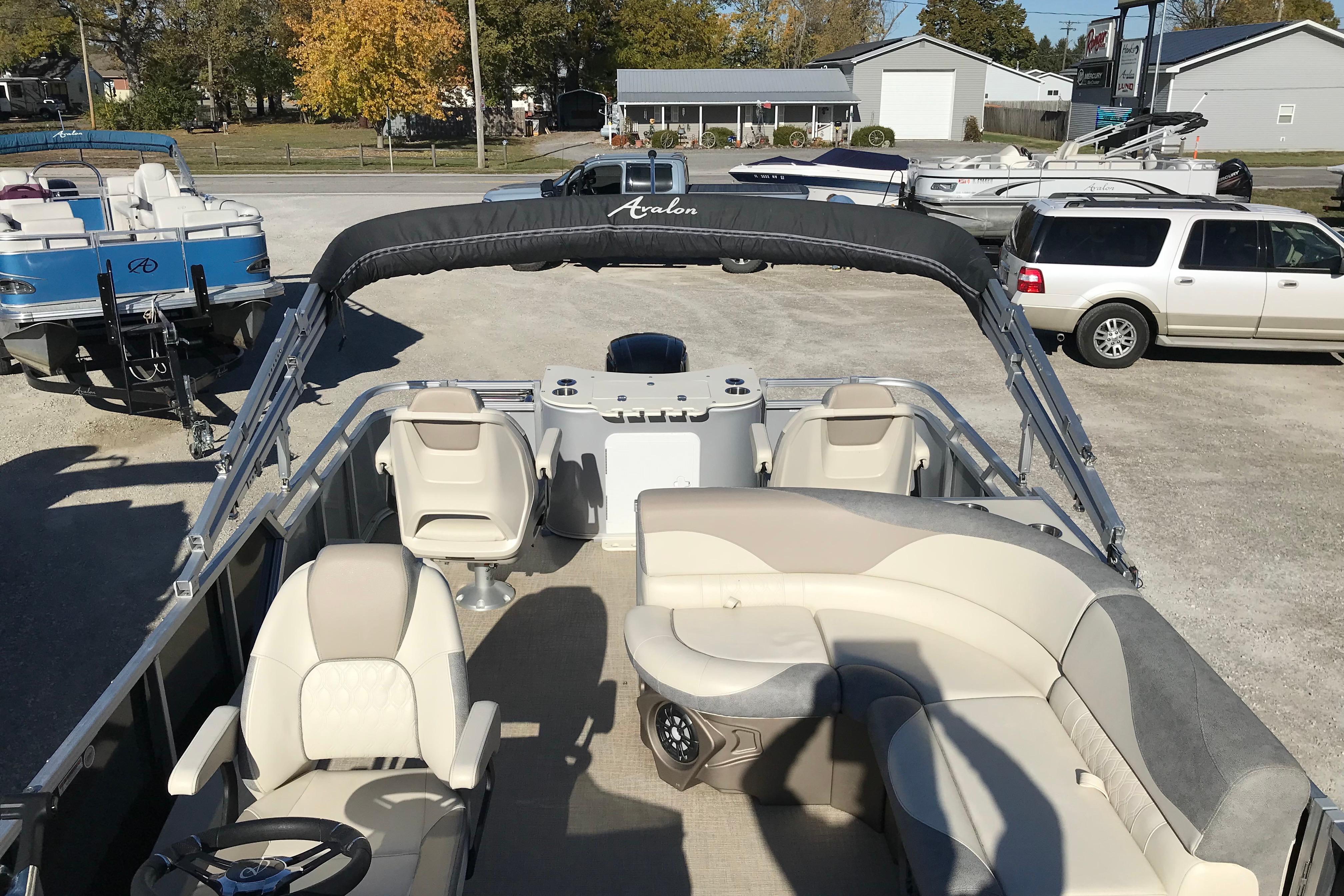 2023 Avalon LSZ Rear Fish pontoon boat with spacious seating and modern design.