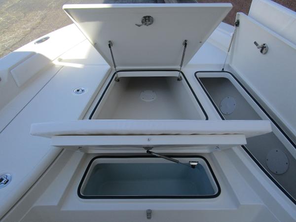 2024 Ranger 2660 Bay boat storage compartments open.