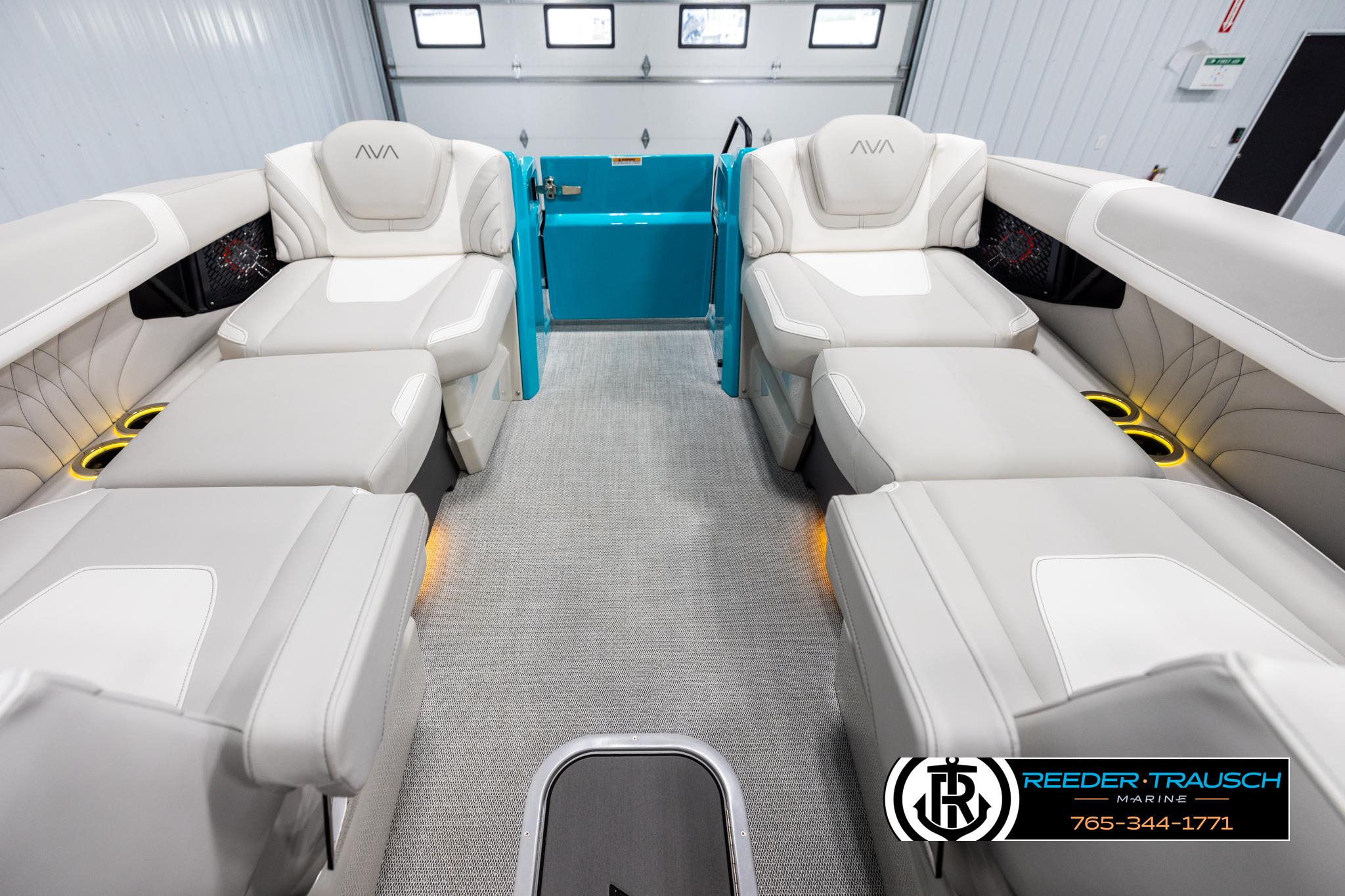Luxurious interior of 2025 Avalon 2585 Excal VRBW boat with plush seating.