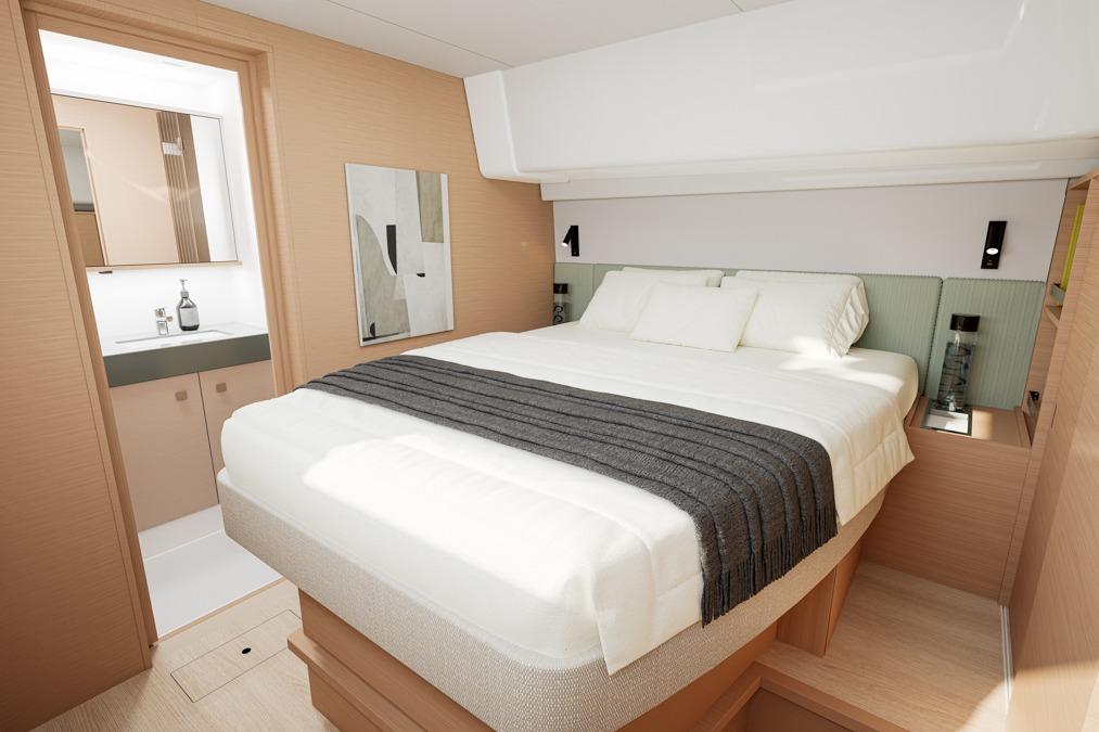 Luxurious bedroom in Lagoon 47 catamaran, model year 2026.