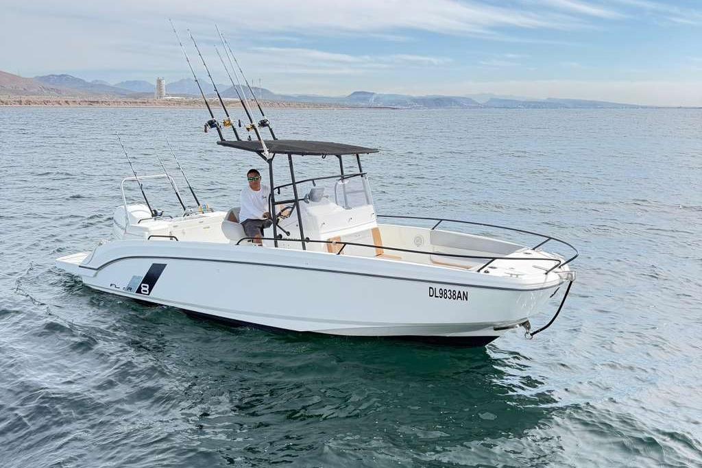 2021 Beneteau Flyer 8 SPACEdeck boat on open water, equipped for fishing.