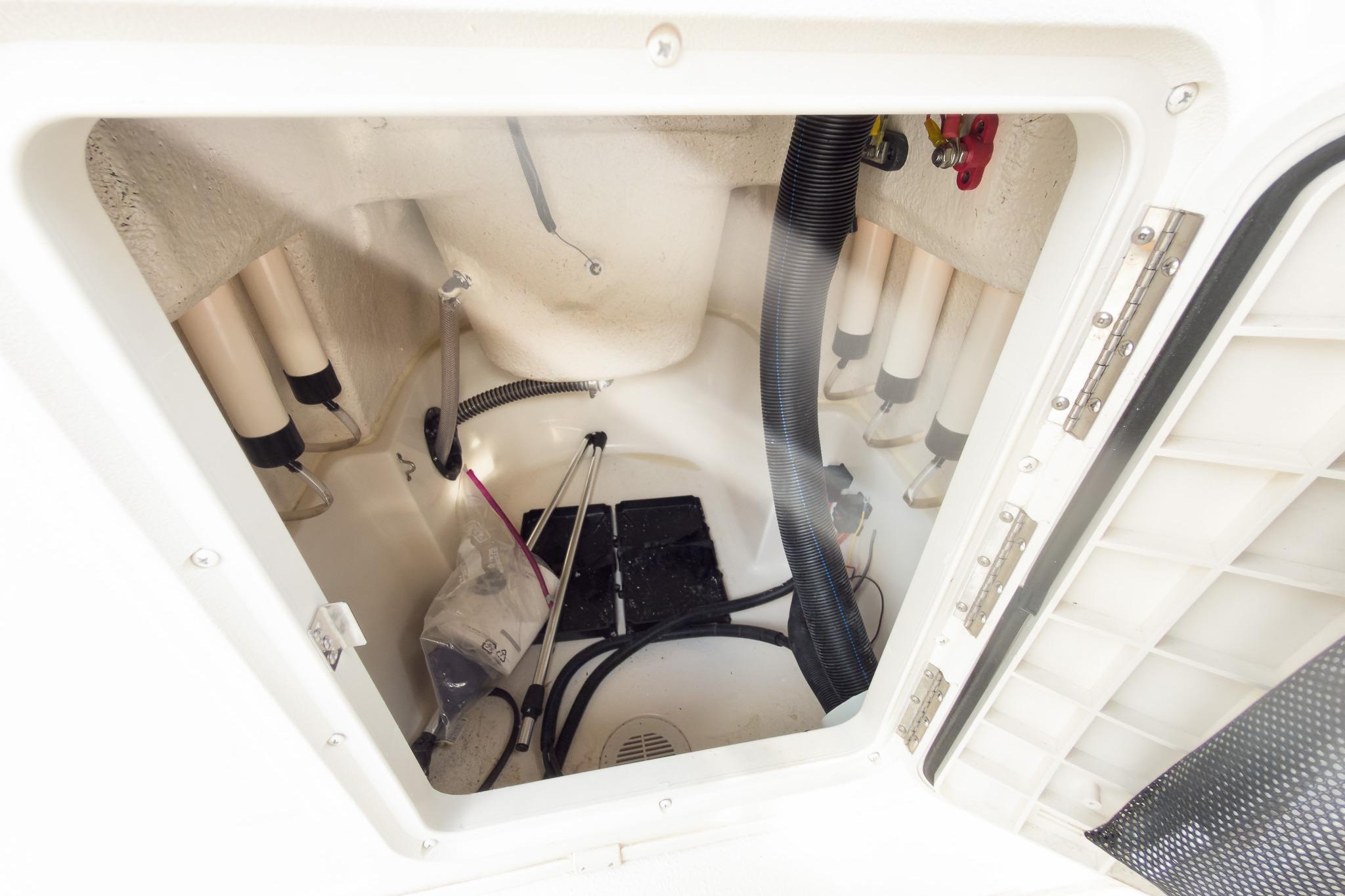 Interior view of 2025 Carolina Skiff 21 Ultra Elite boat compartment.