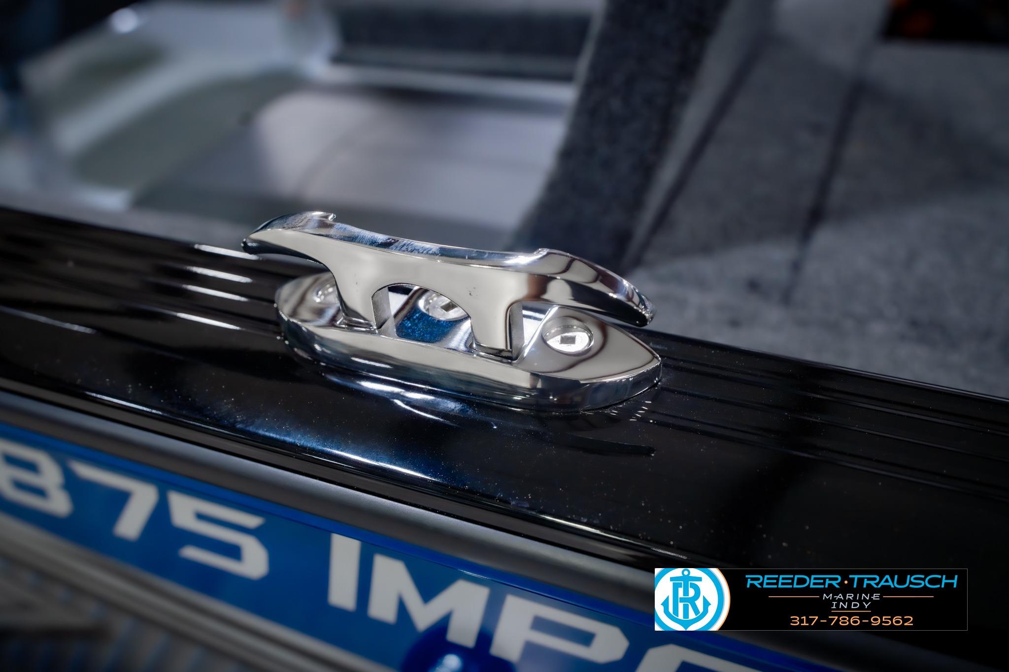 2026 Lund 1875 Impact XS boat cleat detail with Reeder Trausch Marine logo.